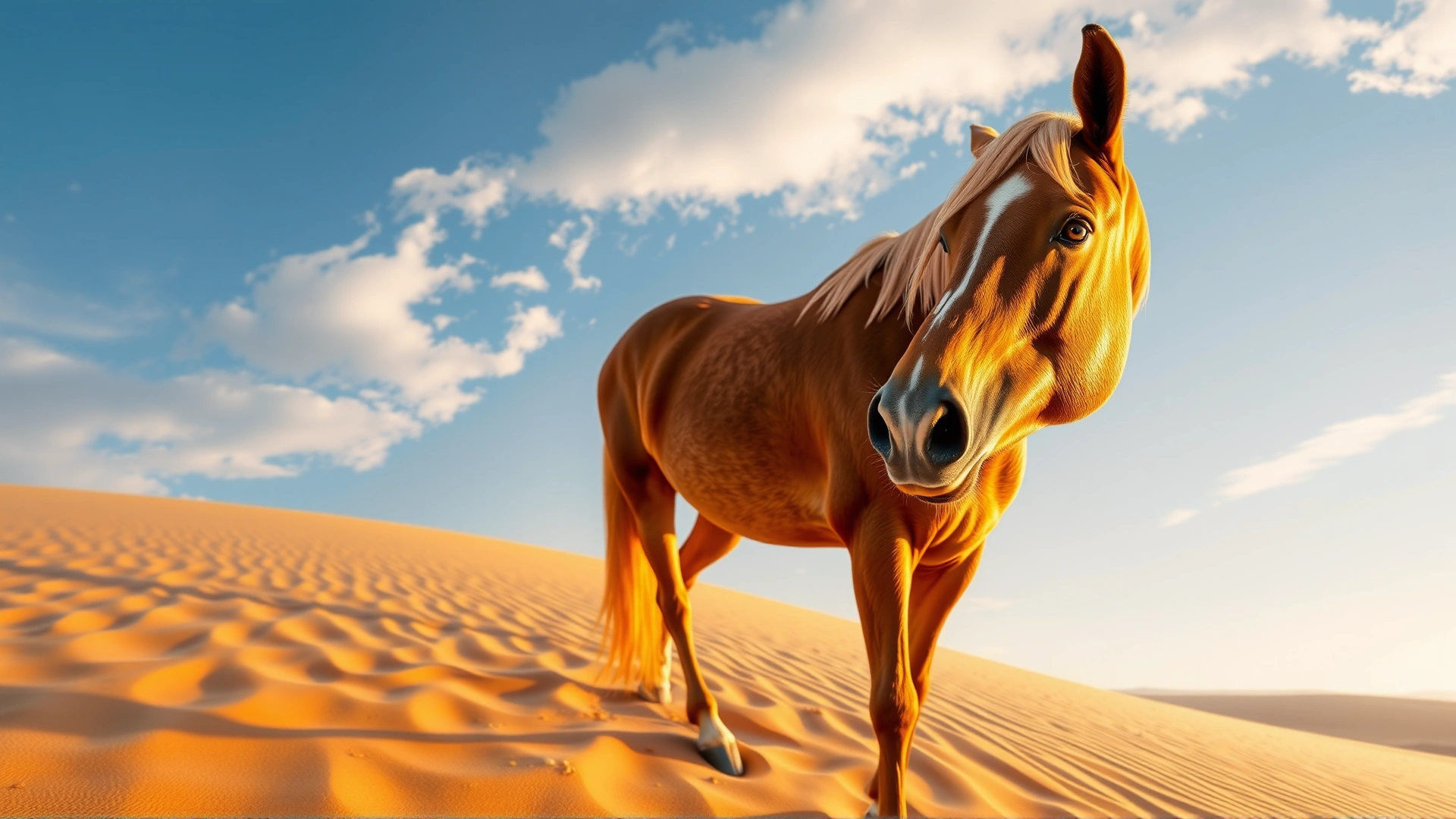 Close-up side shot of a purebred Arabian horse standing on a sand dune during sunrise, with warm golden light highlighting the horse's dished face and large expressive eyes.