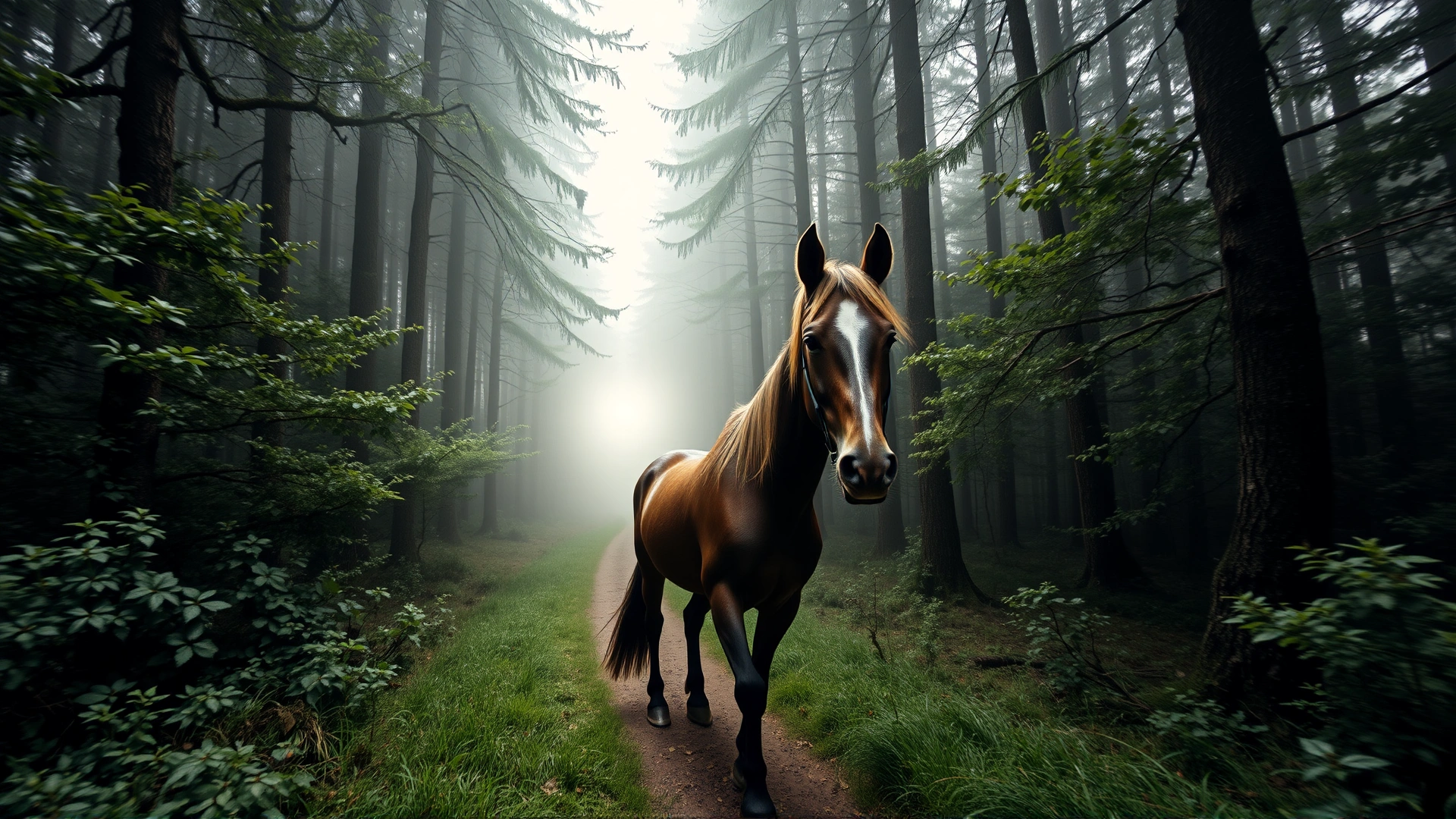 Dramatic wide-angle shot of an Ardennais horse trotting through a dense, green Ardennes forest trail with morning fog.