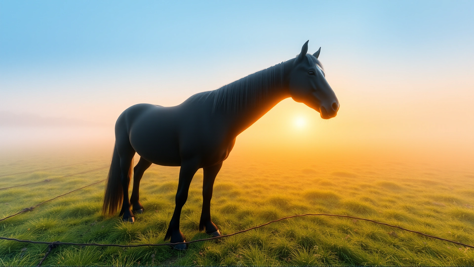 Dramatic wide-angle shot of a Friesian horse standing proudly in a misty Dutch meadow at dawn, sunlight filtering through the mist highlighting its black coat