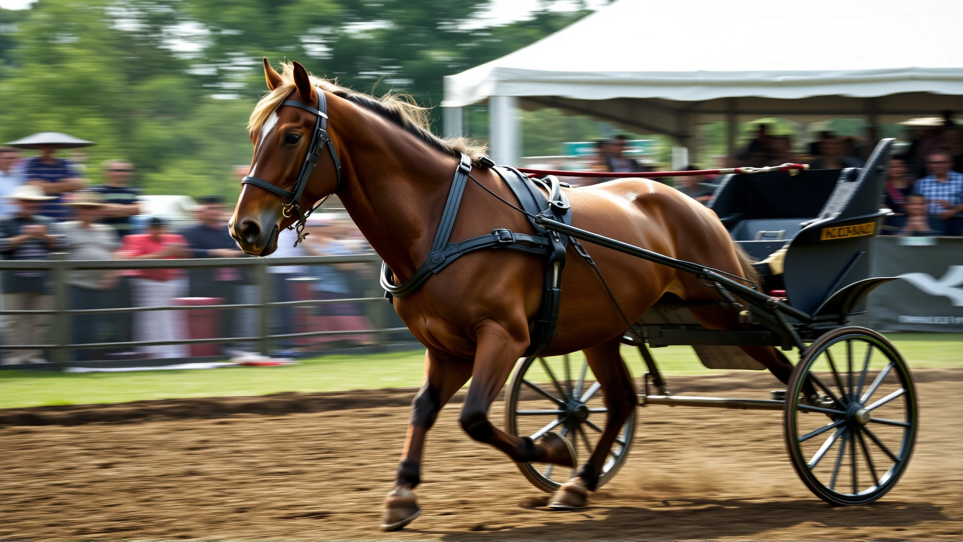 Dynamic wide shot of a Hackney horse in motion pulling a sleek carriage in an outdoor show ring, capturing dust in the air and audience blurred in background, no text.