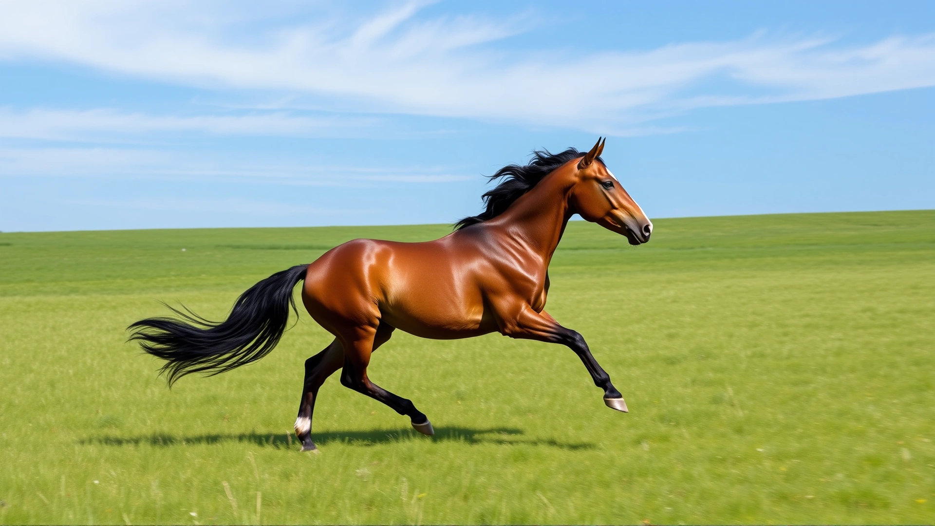 A full-body shot of a Missouri Fox Trotter galloping in an open green meadow under blue sky, showcasing its elegance and athleticism. High-resolution, vibrant colors.