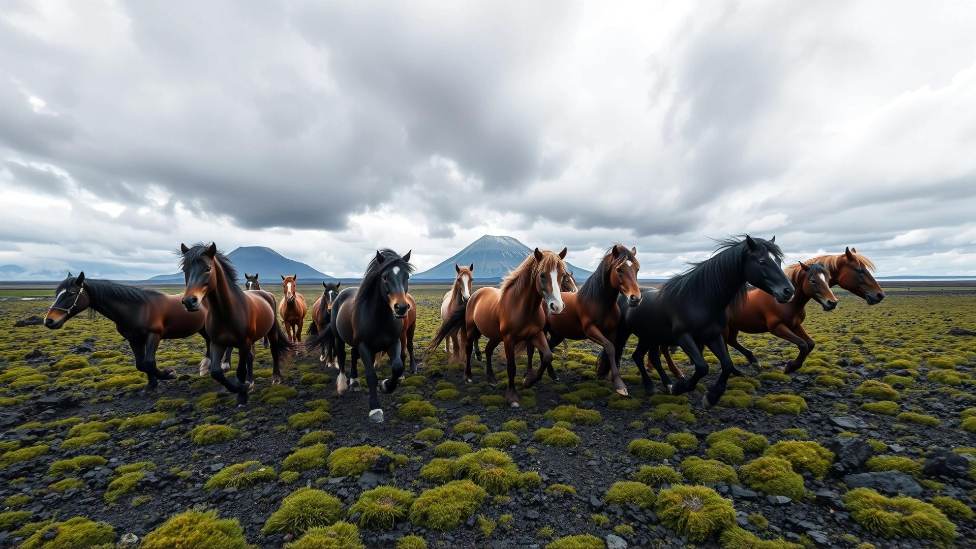Wide-angle shot of a small herd of Icelandic horses galloping across a mossy lava field with dramatic cloudy sky and distant volcano
