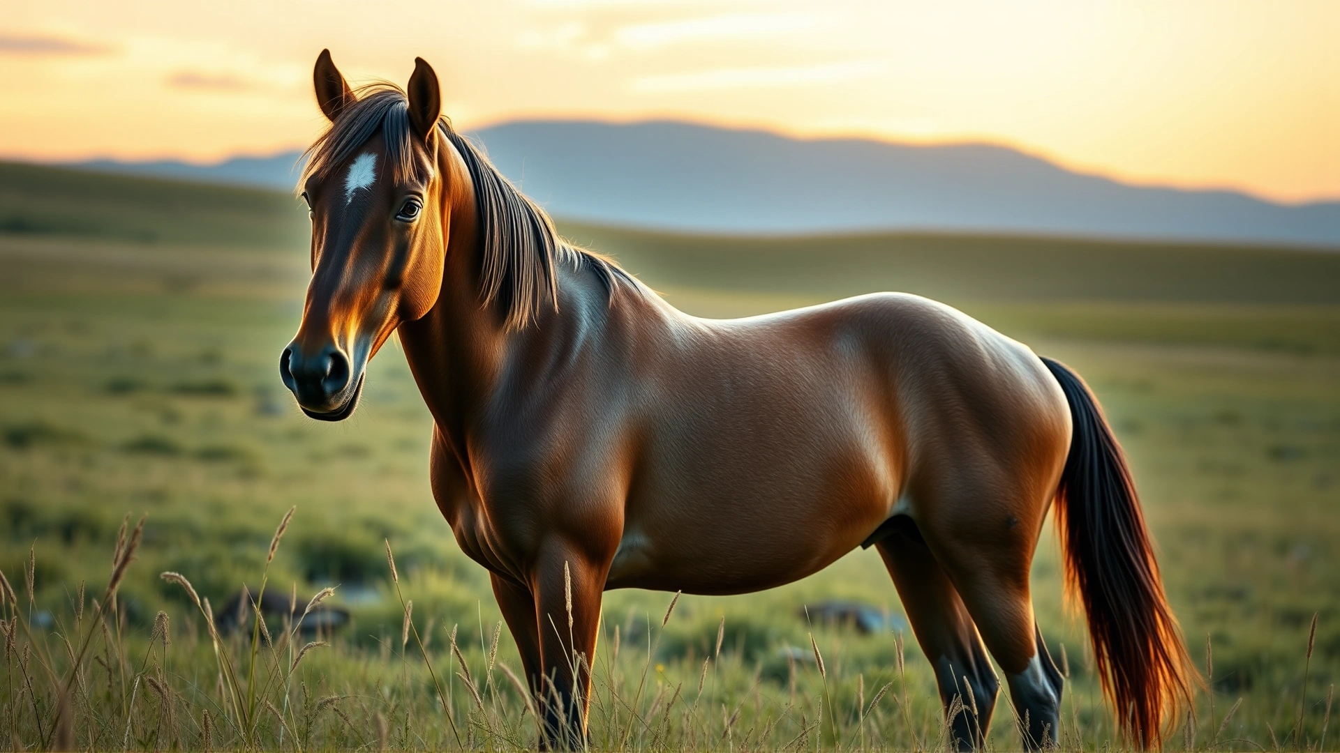 Wide-angle shot of a majestic Paso Fino horse standing proudly in an open meadow with sunrise backlighting, vibrant colors, no rider