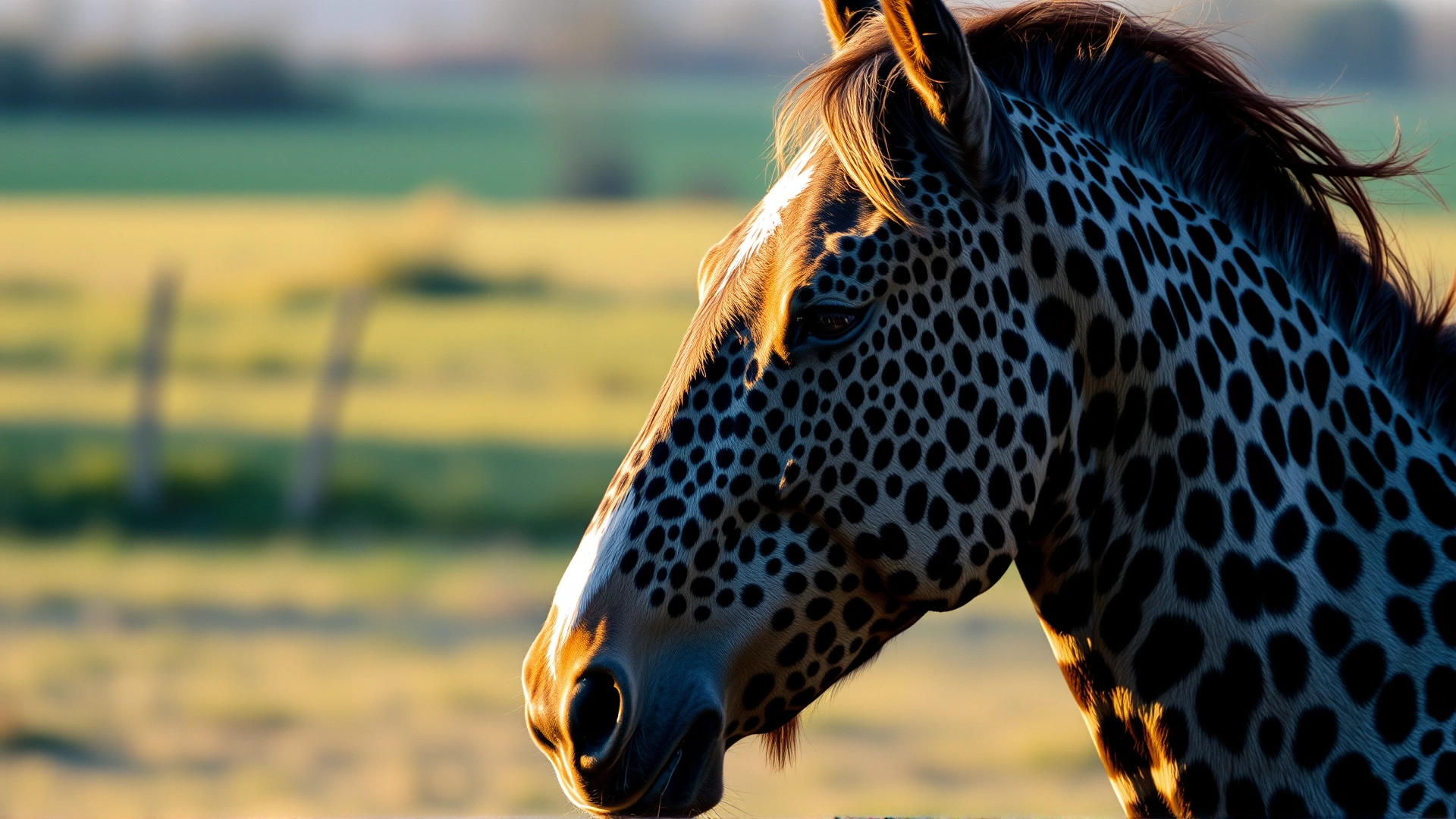A close-up side profile of a Knabstrupper horse in motion, showing its full leopard-spot coat against a blurred pasture background, golden hour lighting
