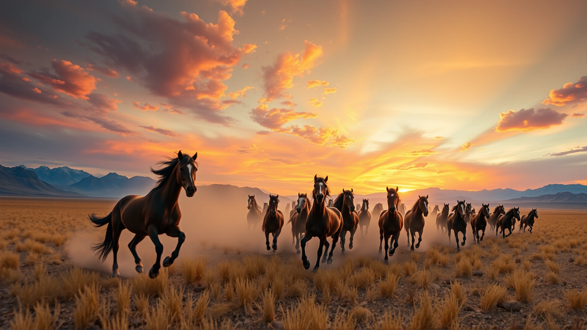 Panoramic wide-angle photo of a herd of mustang horses running across open plains with dust clouds and mountains under a vibrant sunrise, cinematic feel