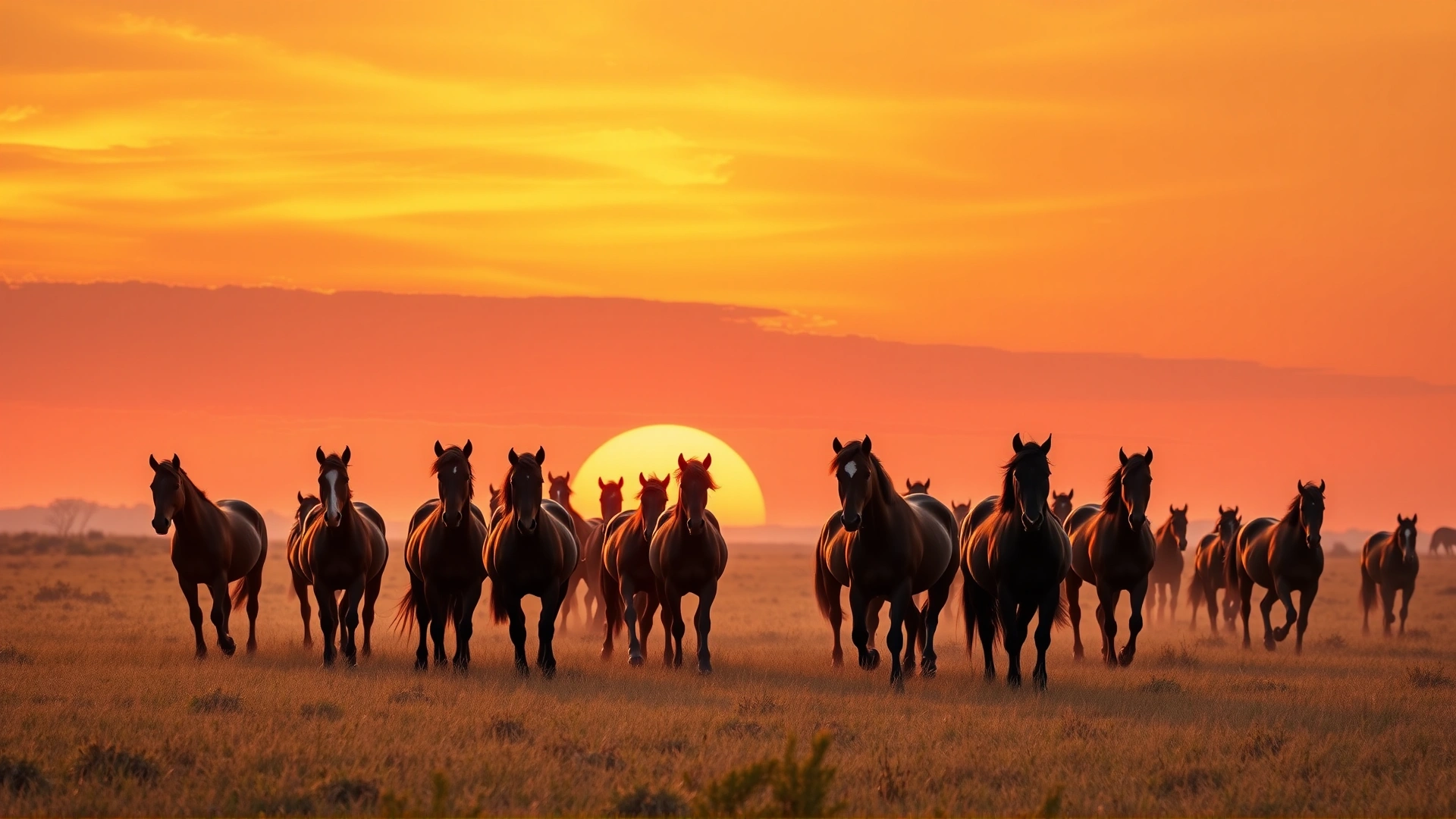 Scenic sunrise view of a large herd of wild horses silhouetted against an orange sky on open grassland, creating an epic introduction, no text