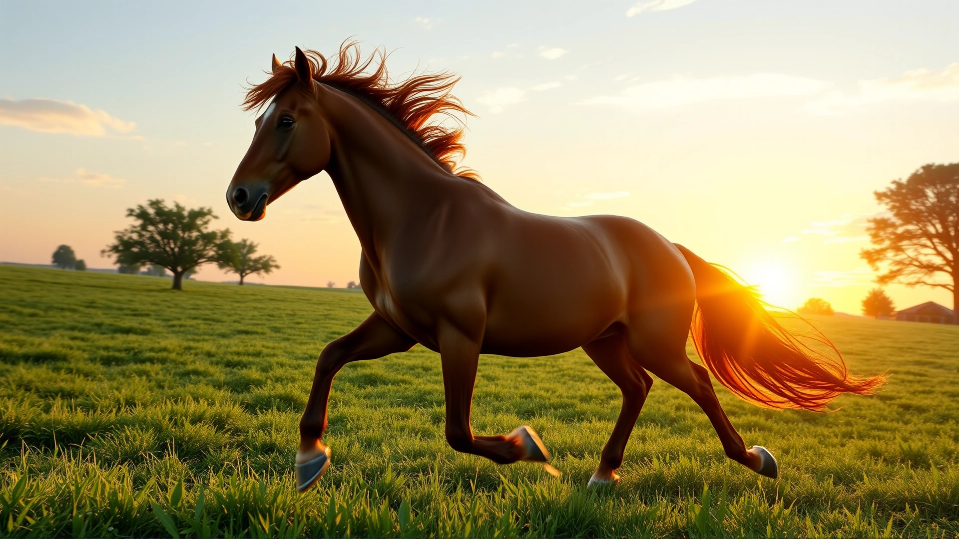 Dynamic shot of a bay Holsteiner stallion galloping across a lush green pasture at sunset, mane and tail flowing, warm golden light