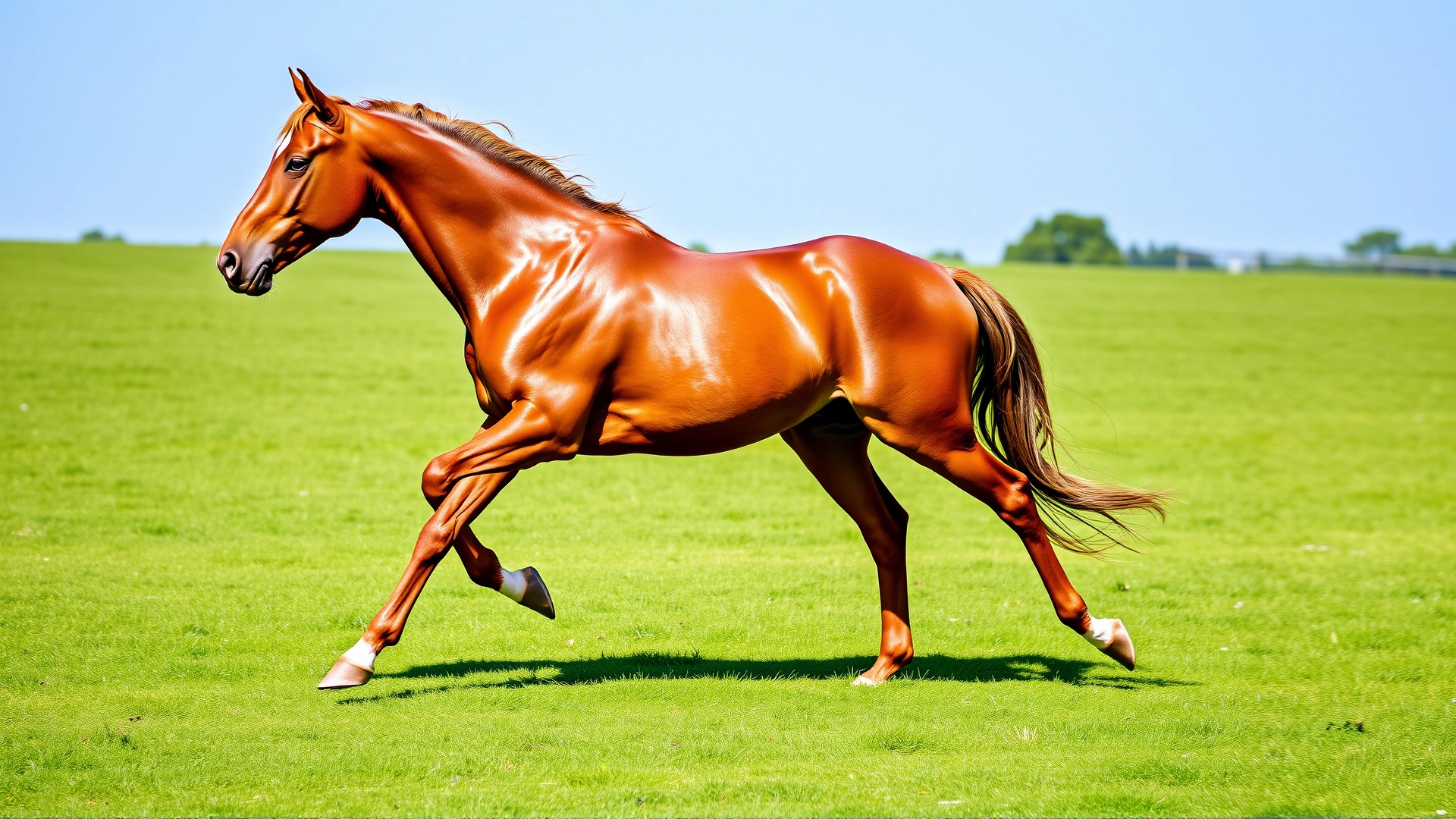 A powerful chestnut Hanoverian horse cantering across a lush green field under a clear sky, captured in high resolution, showcasing the breed's athleticism and elegance.