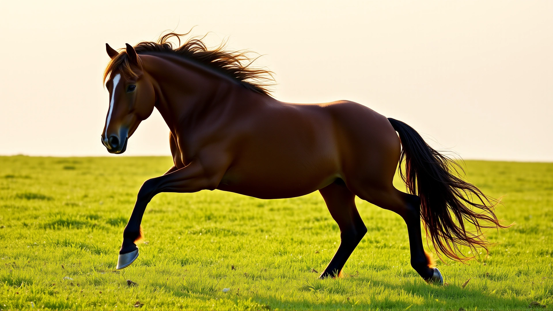 Morgan horse galloping across a lush green pasture at sunrise, mane flowing and tail held high.