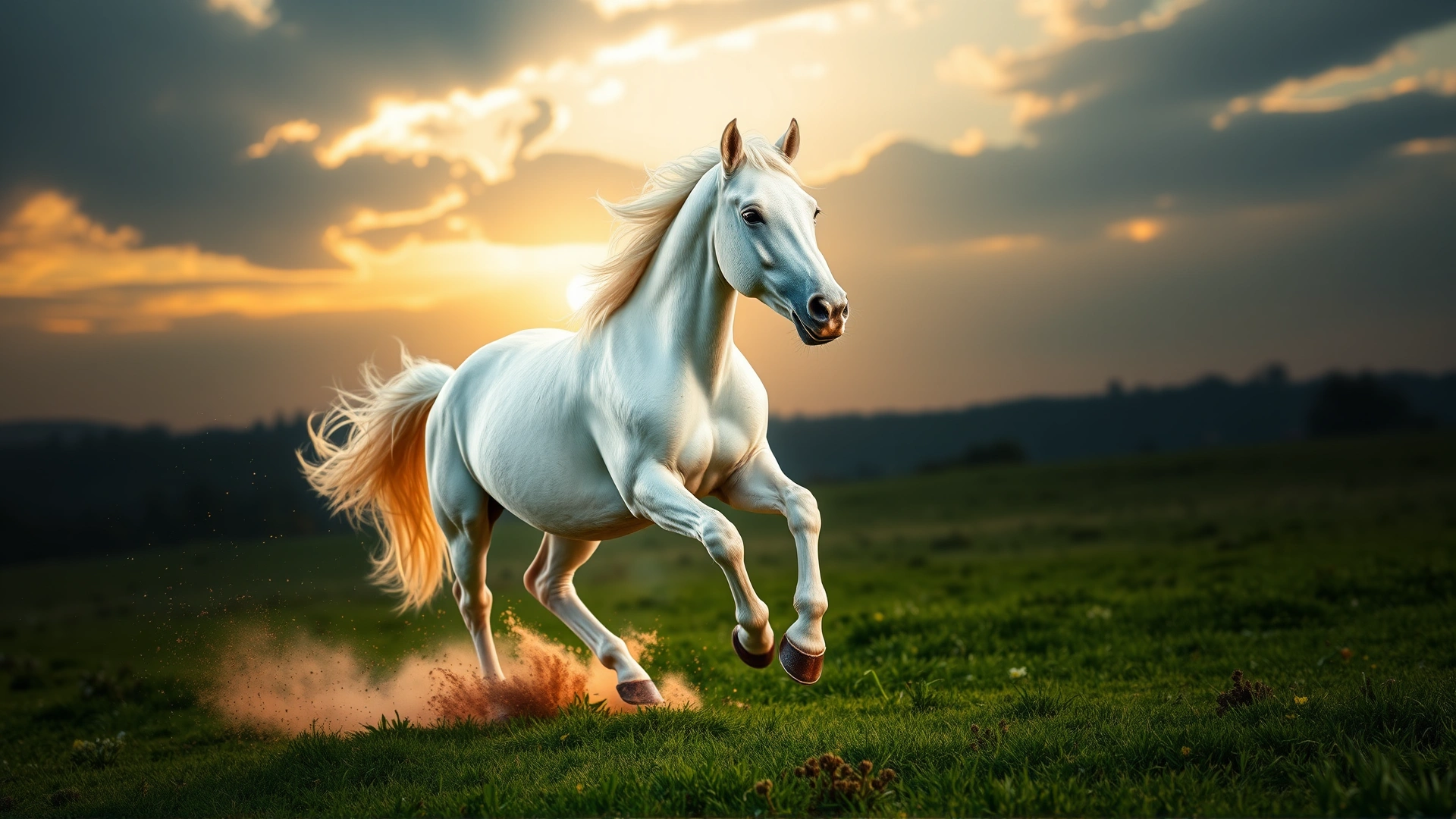 Albino horse galloping across a lush green pasture at sunset, dust particles in the air, dramatic lighting