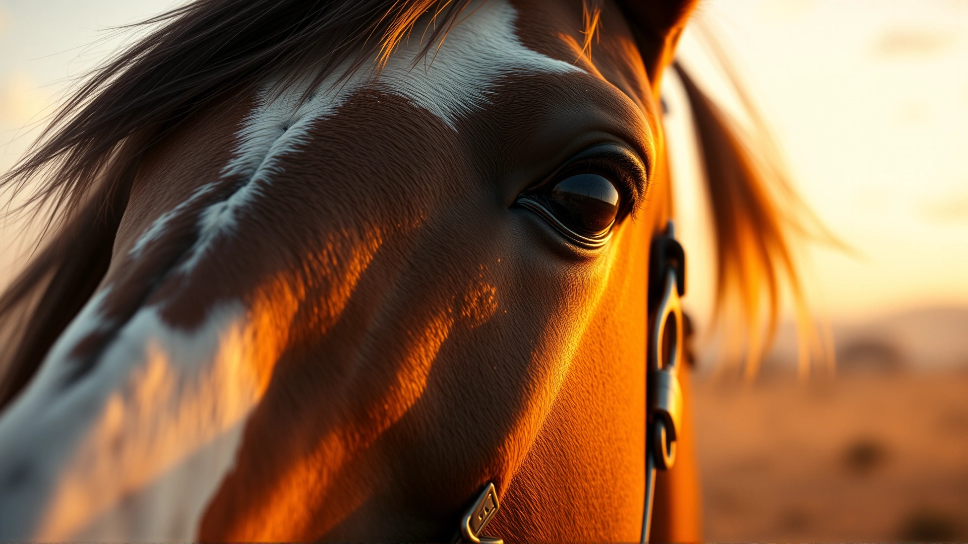 Close-up of an Australian Stock Horse’s head in bridle during golden hour with soft warm lighting, outback landscape blurred in background
