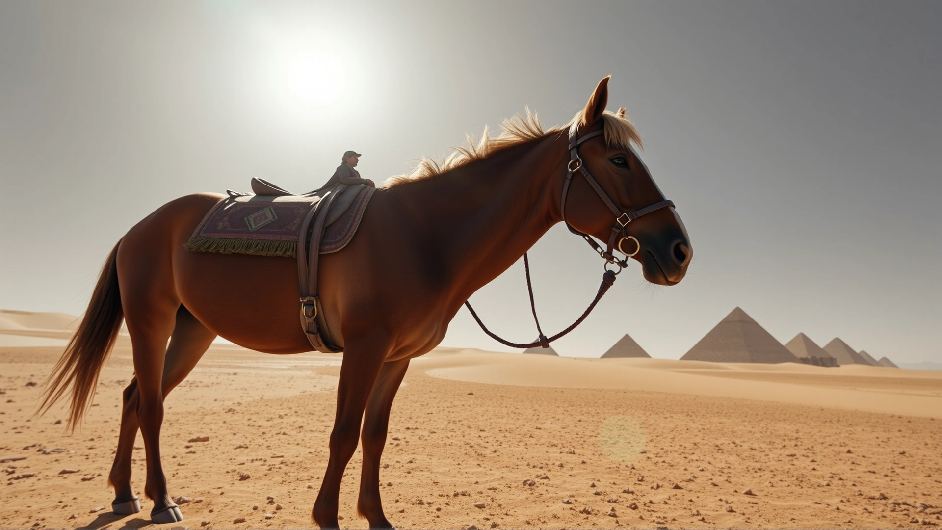 Wide-angle shot of a Dongola horse standing proudly in a sunlit Nubian desert landscape, pyramids faintly visible in the background, warm tones, high resolution