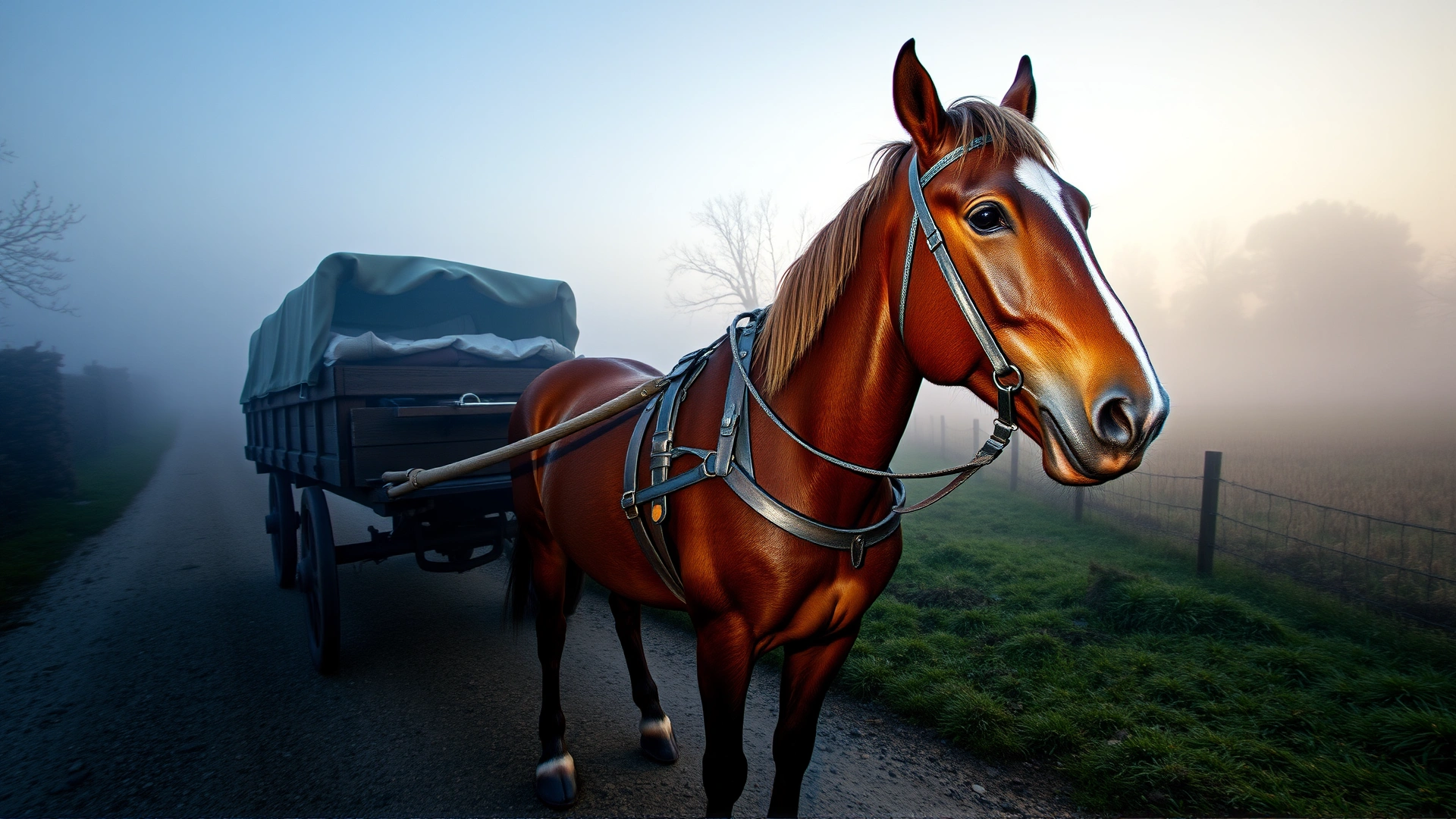Wide-angle photo of a French Ardennais horse pulling a wooden wagon through a misty countryside lane at sunrise, highlighting strength and serenity