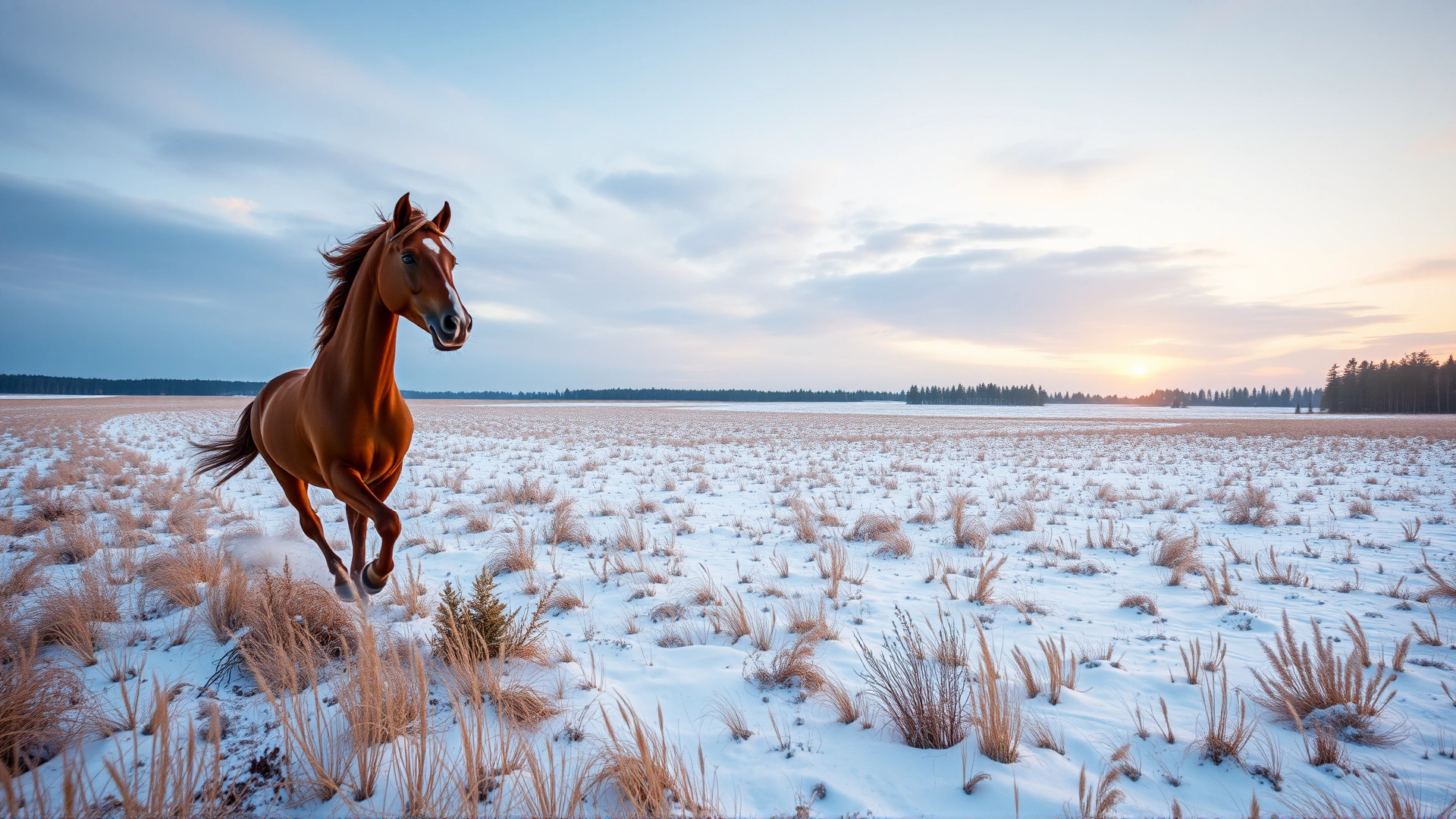 Wide-angle shot of a chestnut Finnhorse galloping across a snow-dusted Finnish meadow during golden hour