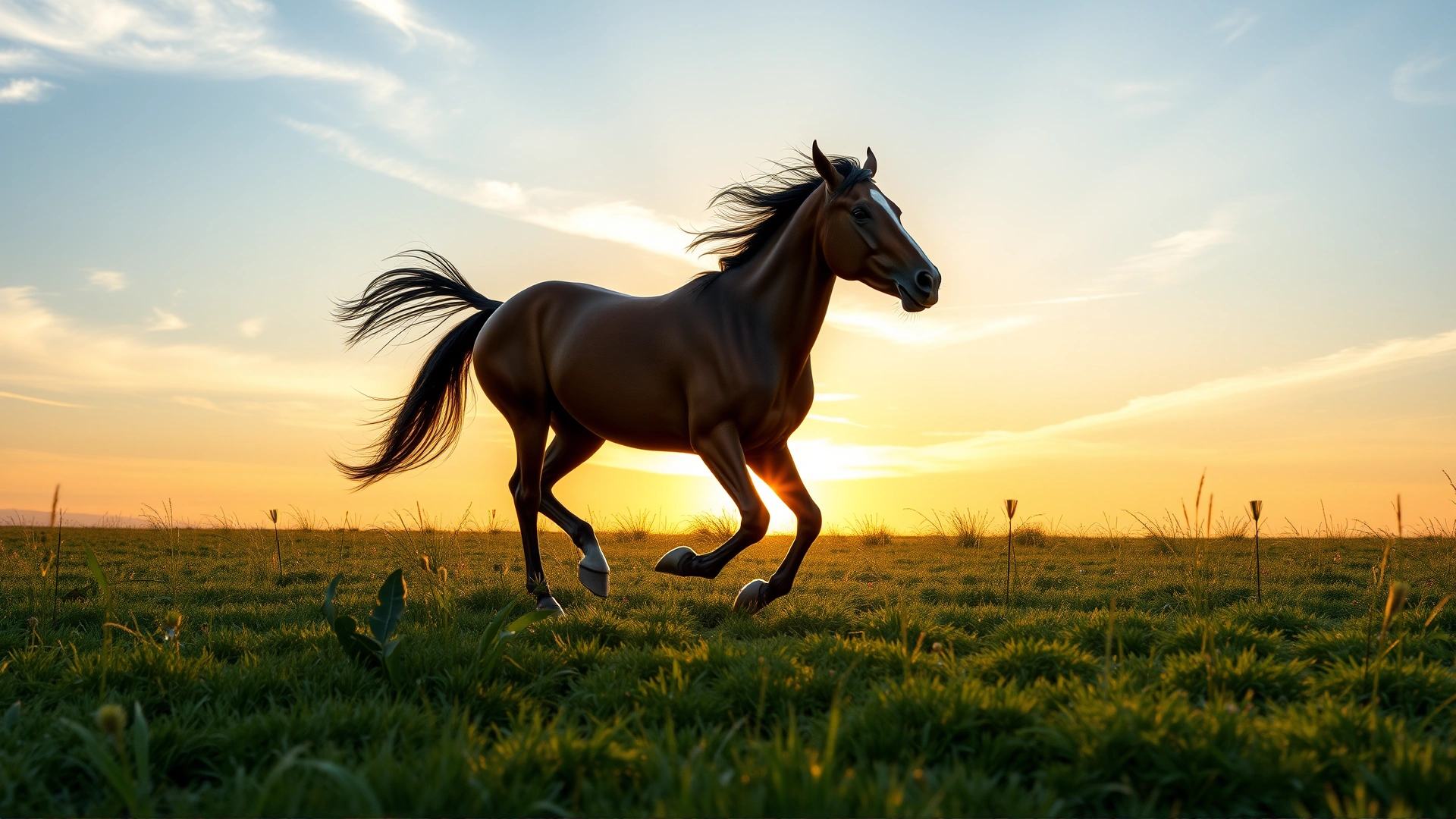 Spanish Colonial type Galiceño horse galloping across a grassy field at sunrise, showing fluid movement and small stature, high-resolution photography