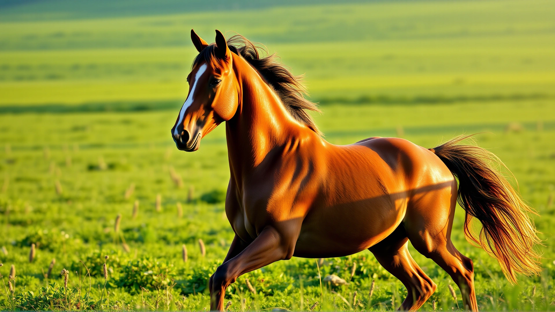 German Riding Pony cantering through a sunlit field with gentle backlighting, showcasing muscular build, no rider, vibrant greens