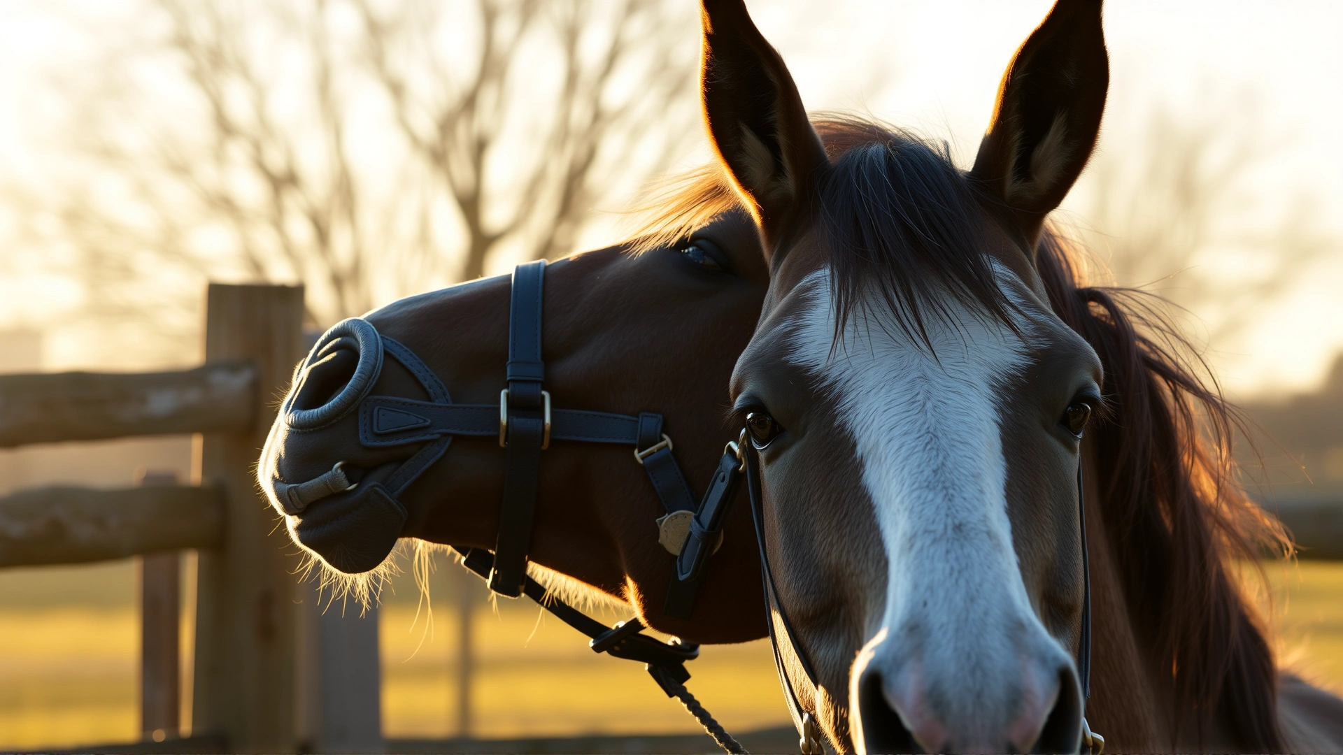 Close-up of an elegant Hackney Pony head wearing a bridle, ears forward, golden sunset glow behind a wooden stable fence.
