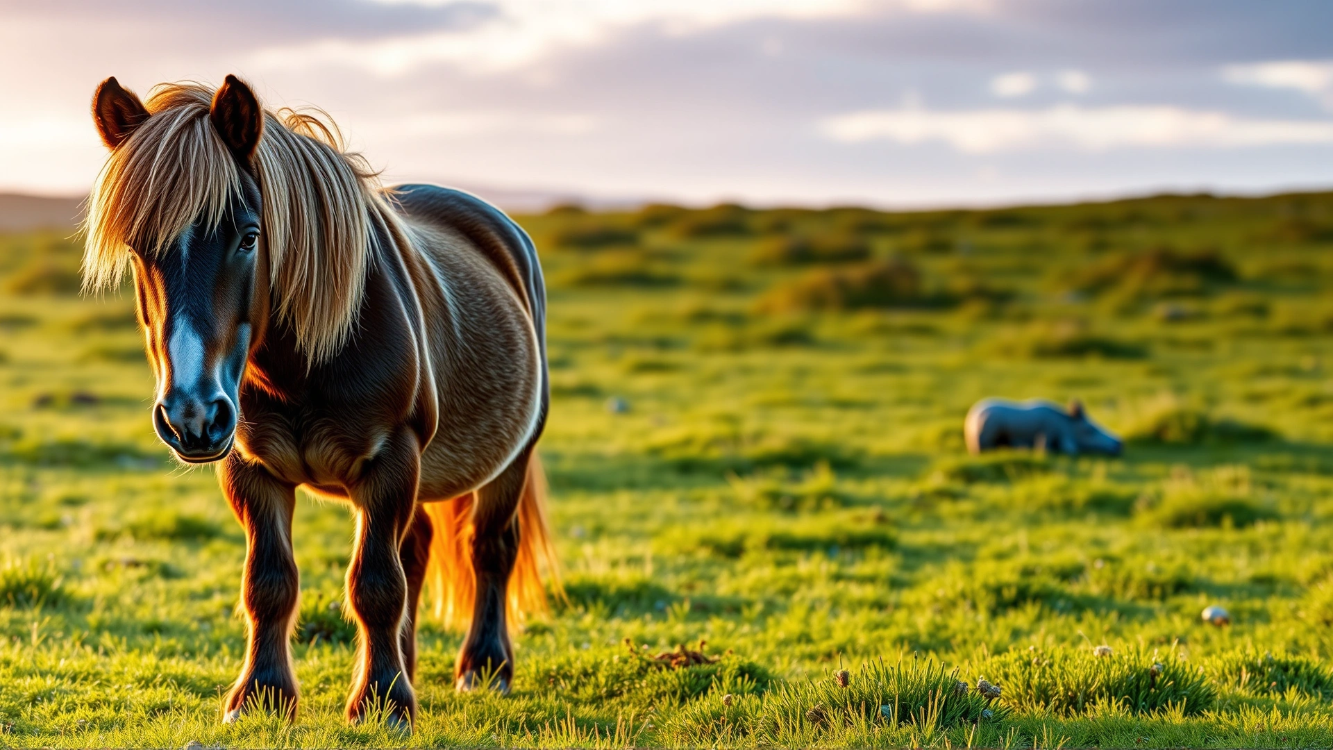A majestic Gotland pony standing on a lush green meadow at sunrise on Gotland Island, with soft golden light illuminating its sturdy physique and thick mane.