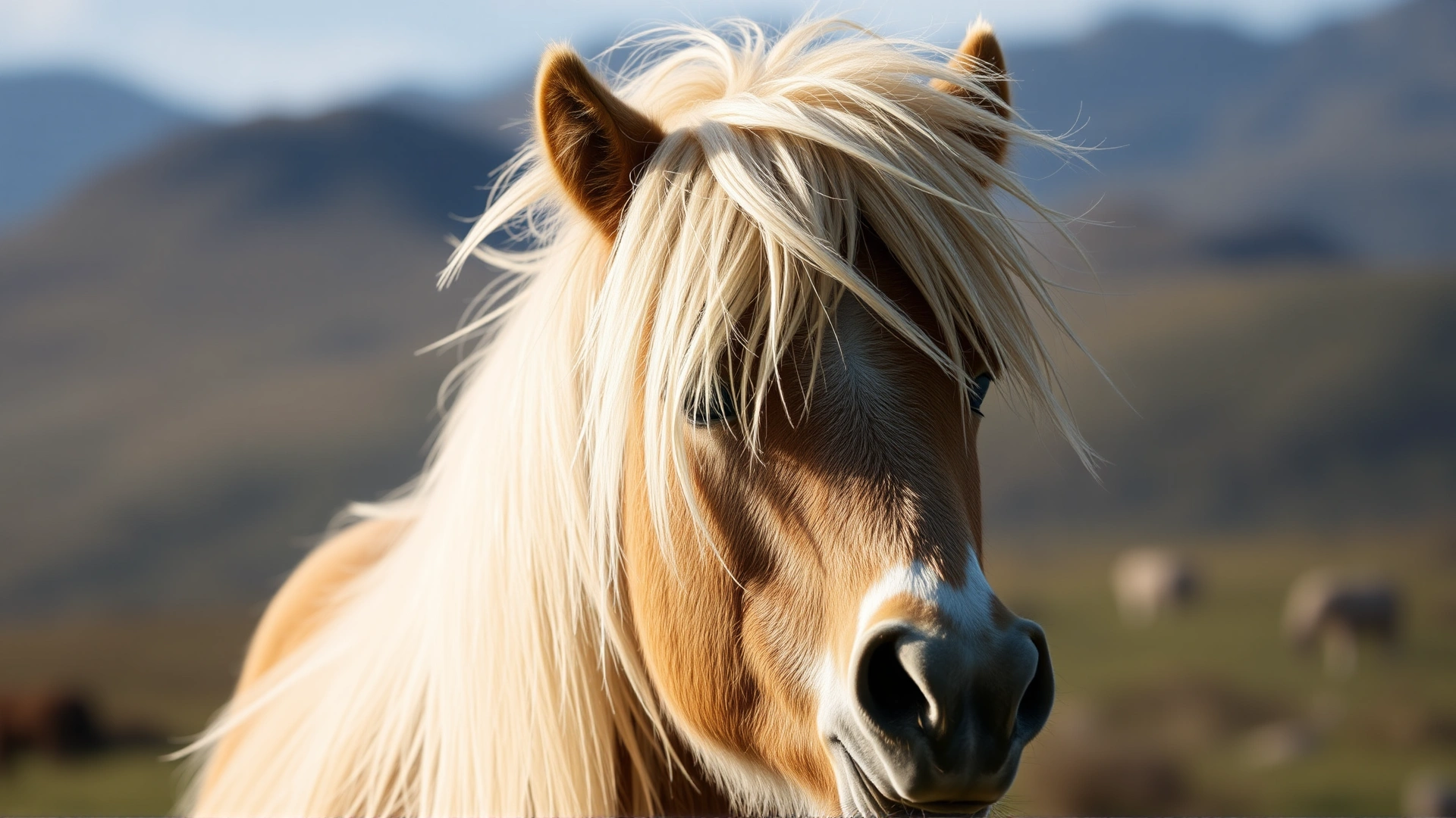 Close-up portrait of a Highland Pony with a flowing mane in natural daylight, Scottish Highlands softly blurred in the background. No text.