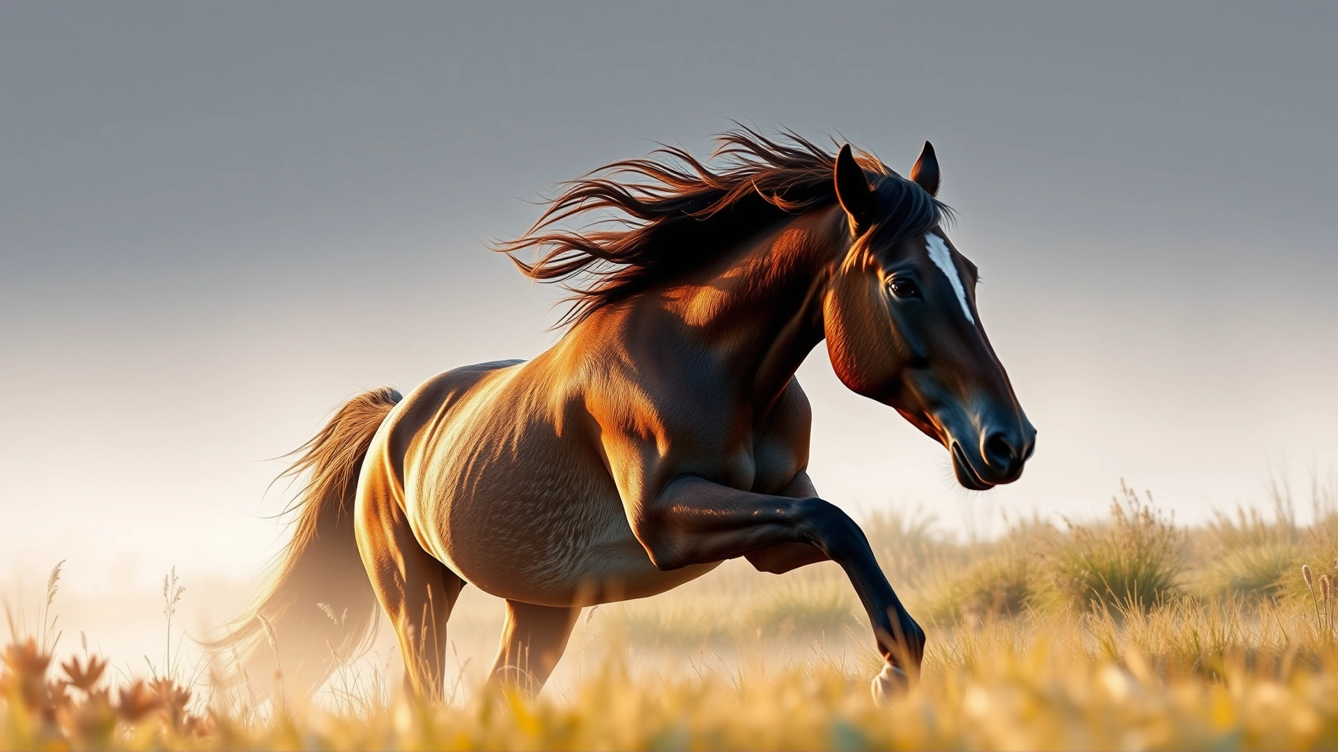 Elegant Lusitano horse performing a levade against a dramatic Portuguese landscape under soft evening light.