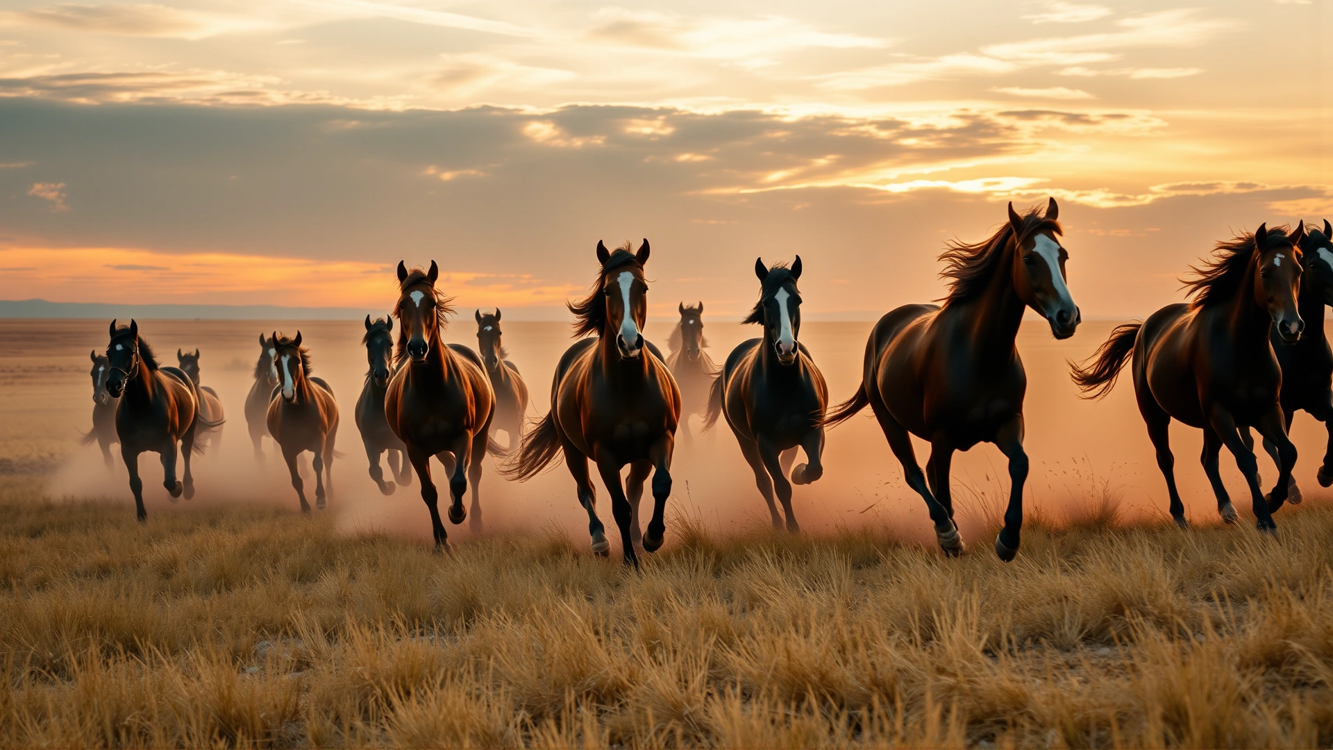 A wide panoramic shot of a herd of Kazakh horses galloping across the golden steppe at sunset, dust swirling around their hooves