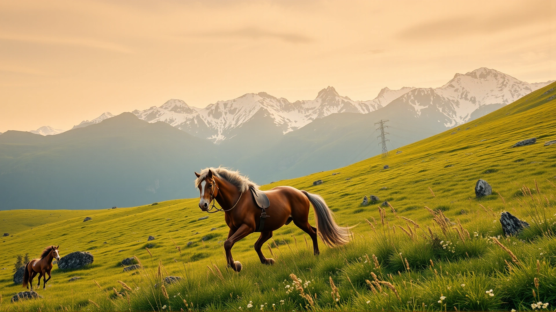 AI-generated wide-angle shot of a Kabarda horse galloping across a lush alpine meadow with snow-capped Caucasus peaks in the background, warm golden lighting.