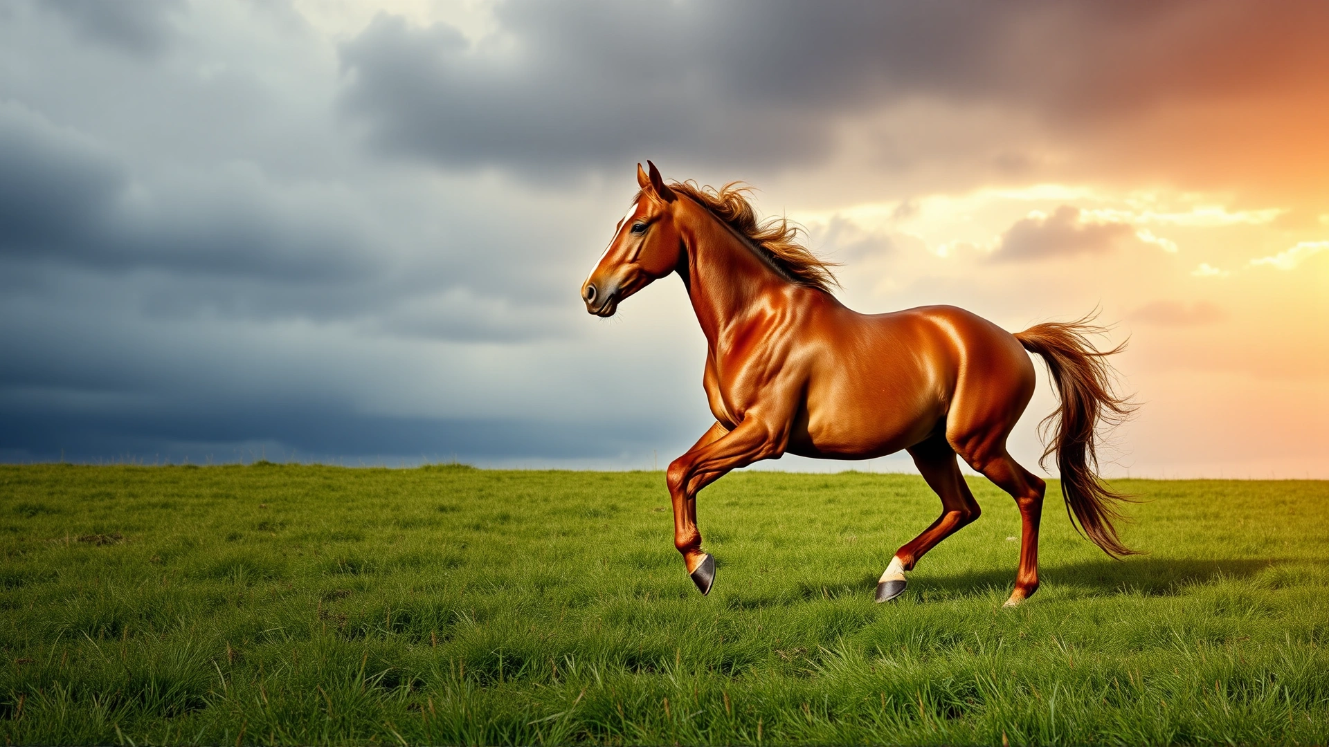 Dynamic side profile of a chestnut Gelderland horse trotting energetically across a grassy pasture, dramatic cloudy sky, vibrant colors, no text.