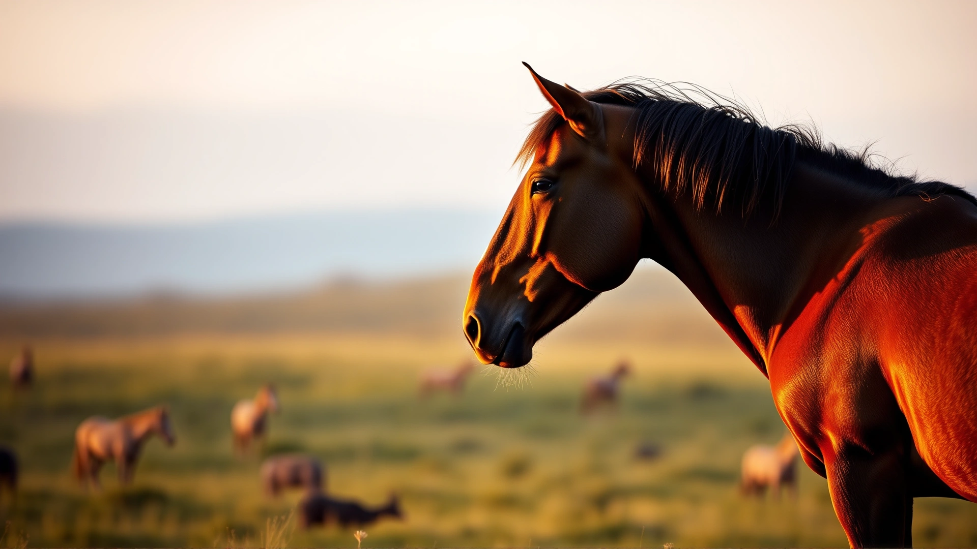 Side profile of a sleek Morab horse standing in an open meadow at dawn, soft golden light highlighting its conformation, no text