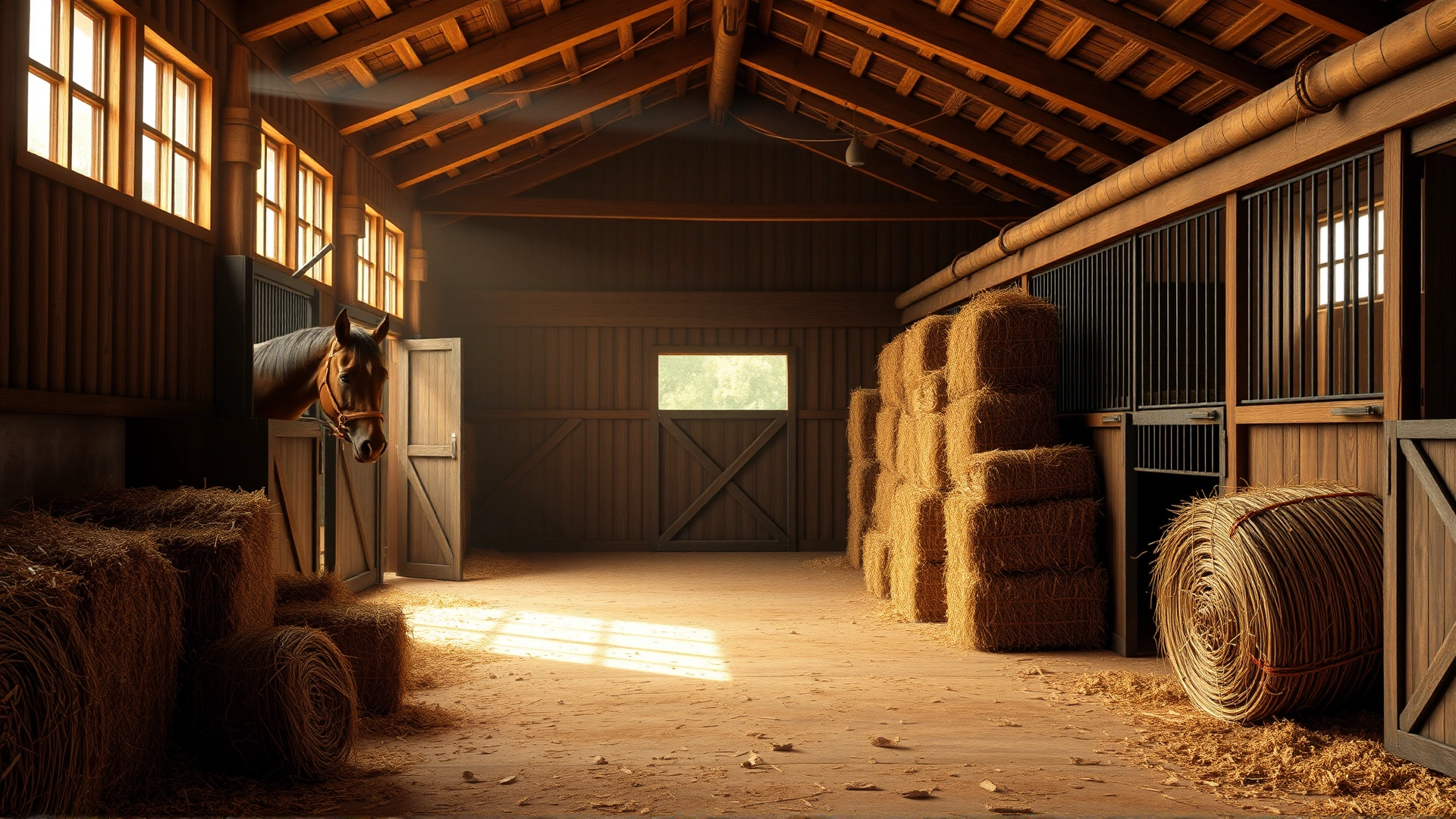 Wide shot of a rustic barn interior with neatly stacked hay bales and a horse looking over the stall door; warm morning light streaming through windows; inviting and clean atmosphere.
