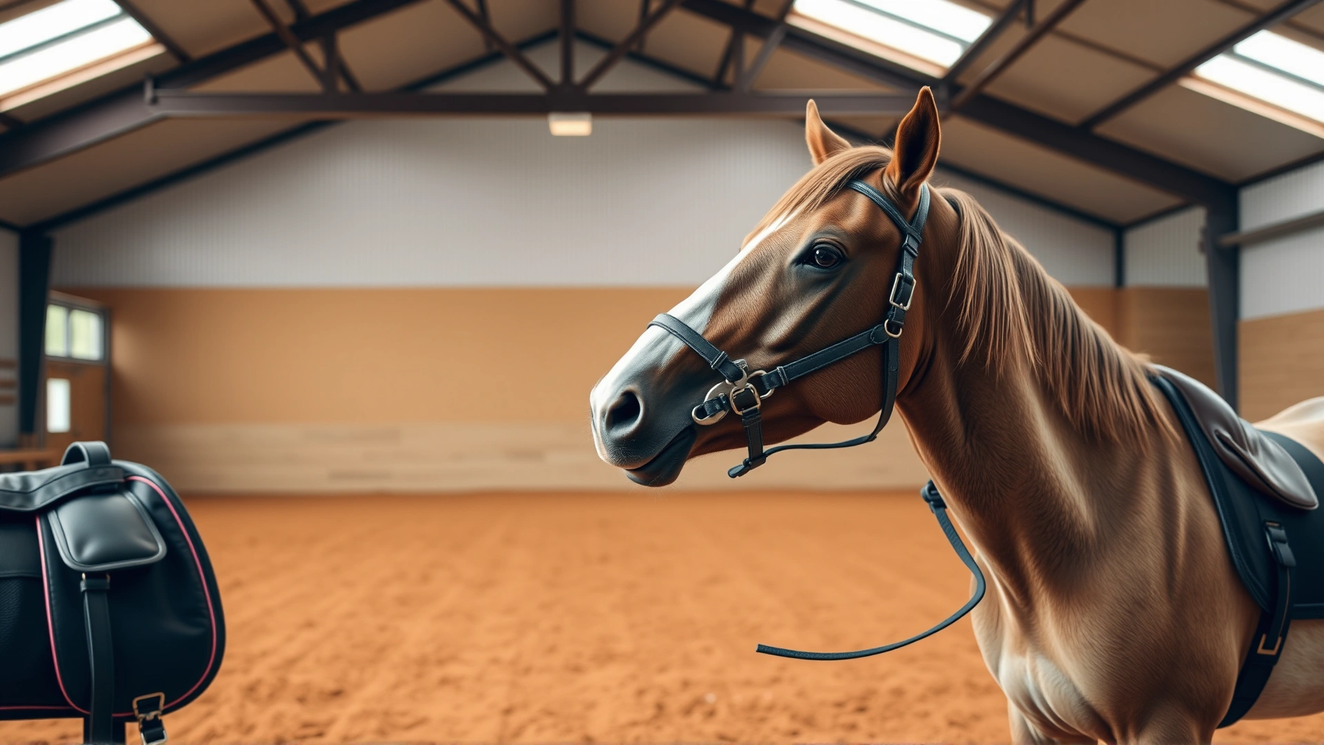 Wide-angle shot of a horse and handler at the start of a carrot stretch session in an indoor arena, natural warm lighting, showcasing the bond between them, no text on image.