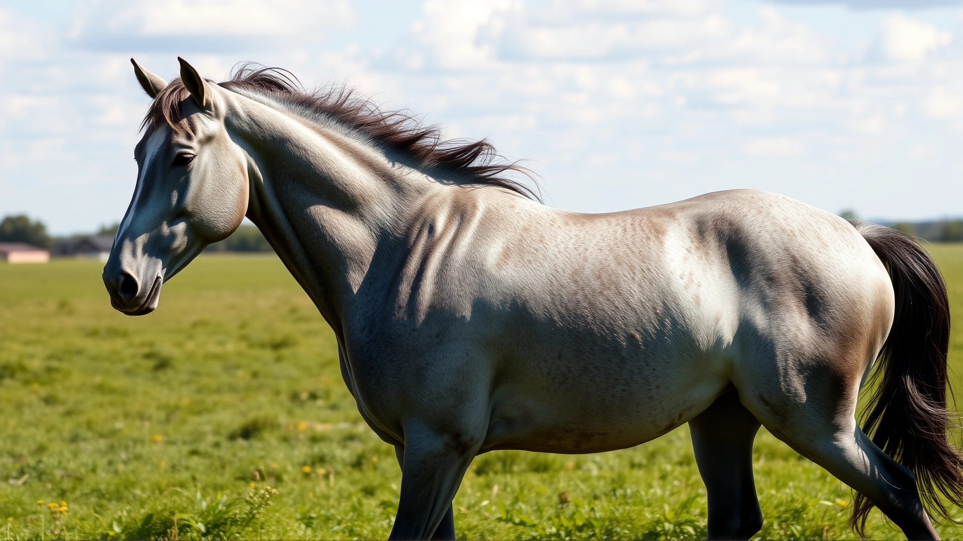 Wide shot of a graceful grey horse galloping across a green field on a sunny day, emphasizing the beauty of grey horses.