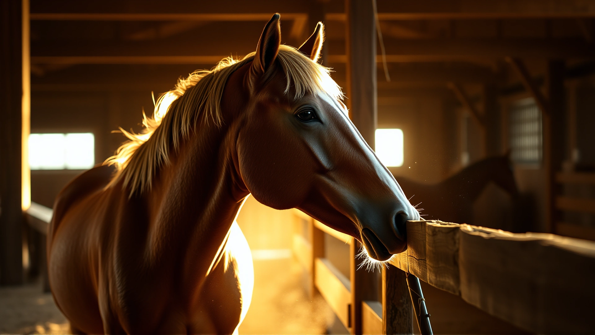 Dramatic side-lit portrait of a horse performing cribbing on a wooden fence inside a stable, dust particles visible in warm evening light