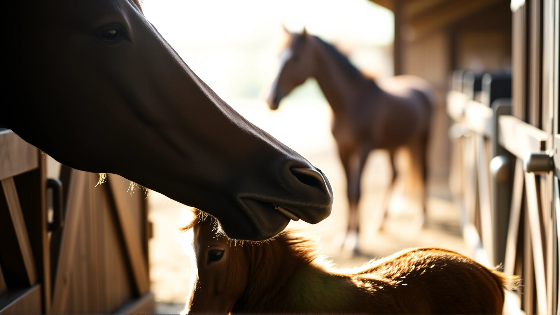 Close-up of a healthy newborn foal nuzzling its mother in a sunlit barn aisle, capturing the first moments after birth, no text.