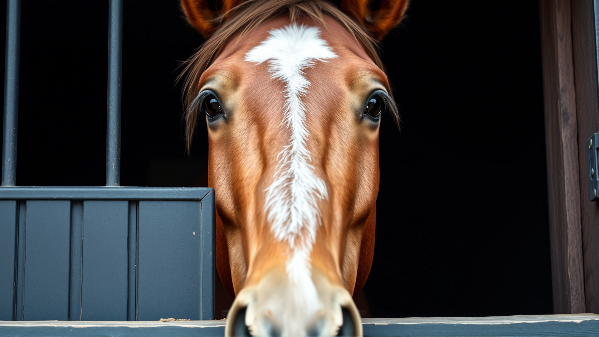 Close-up of a concerned horse looking over a stable door, subtle focus on the eyes to convey alertness, shallow depth of field, warm tones