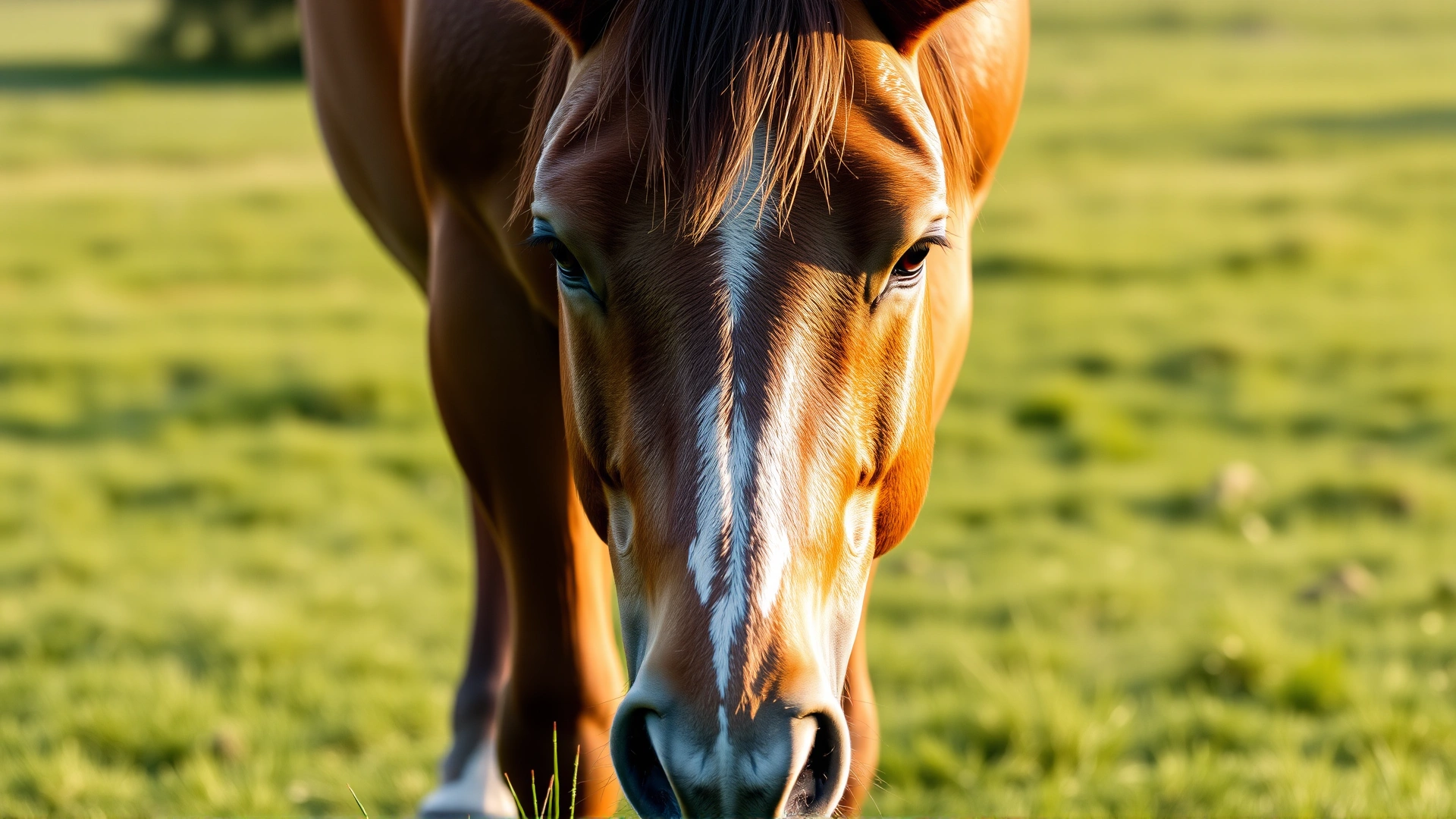 Wide-angle sunrise view of a horse trotting through a dewy pasture with warm golden light, symbolizing general equine health and vitality.