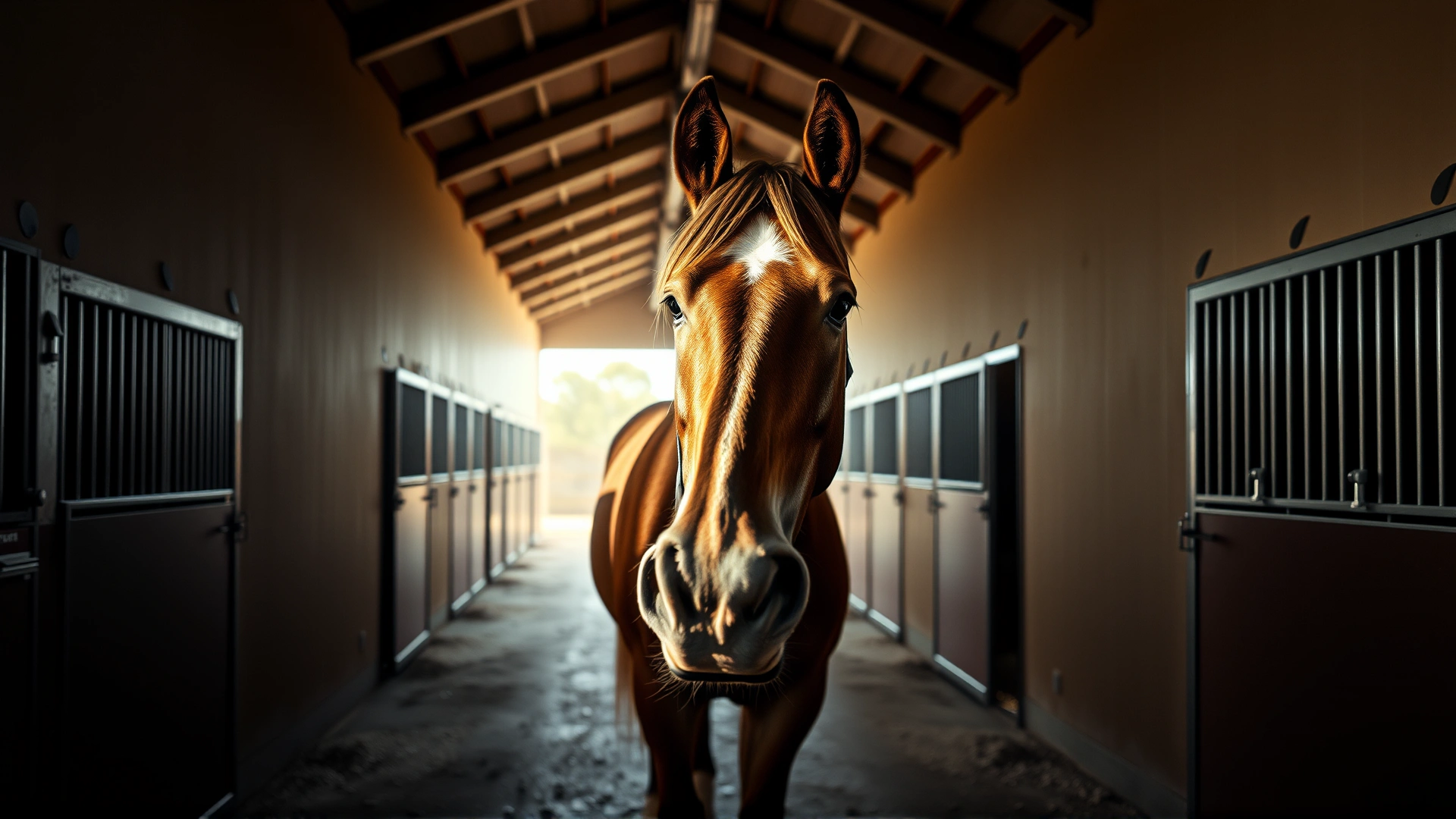 Wide-angle shot of a majestic horse in a clean barn aisle with gentle morning light streaming through, evoking both beauty and vulnerability.
