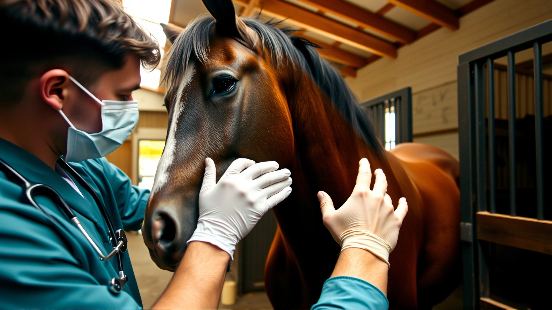Dynamic wide-angle shot of a veterinarian gently examining a horse in a stable, natural light, conveys care and medical context, no text