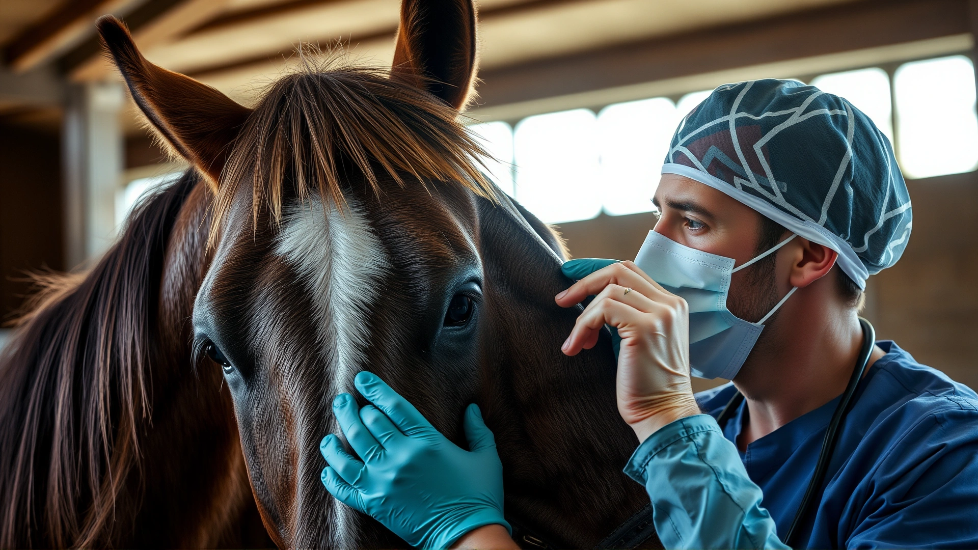Close-up of a veterinarian gently examining a calm horse’s face inside a stable, bright natural light.