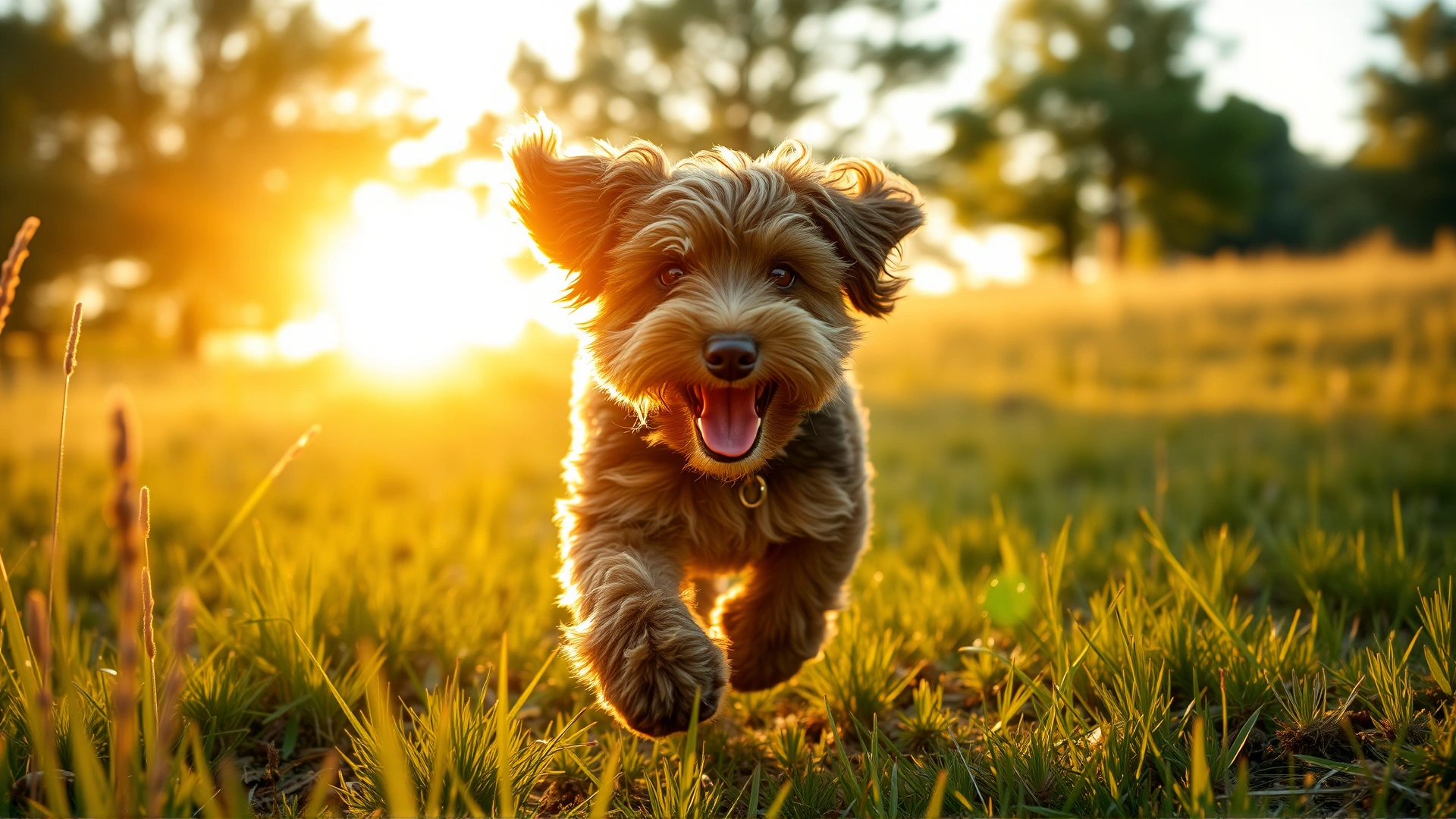 Wide-angle shot of a Shepadoodle running through a sunlit meadow during golden hour, ears flapping and tongue out, conveying energy and joy.
