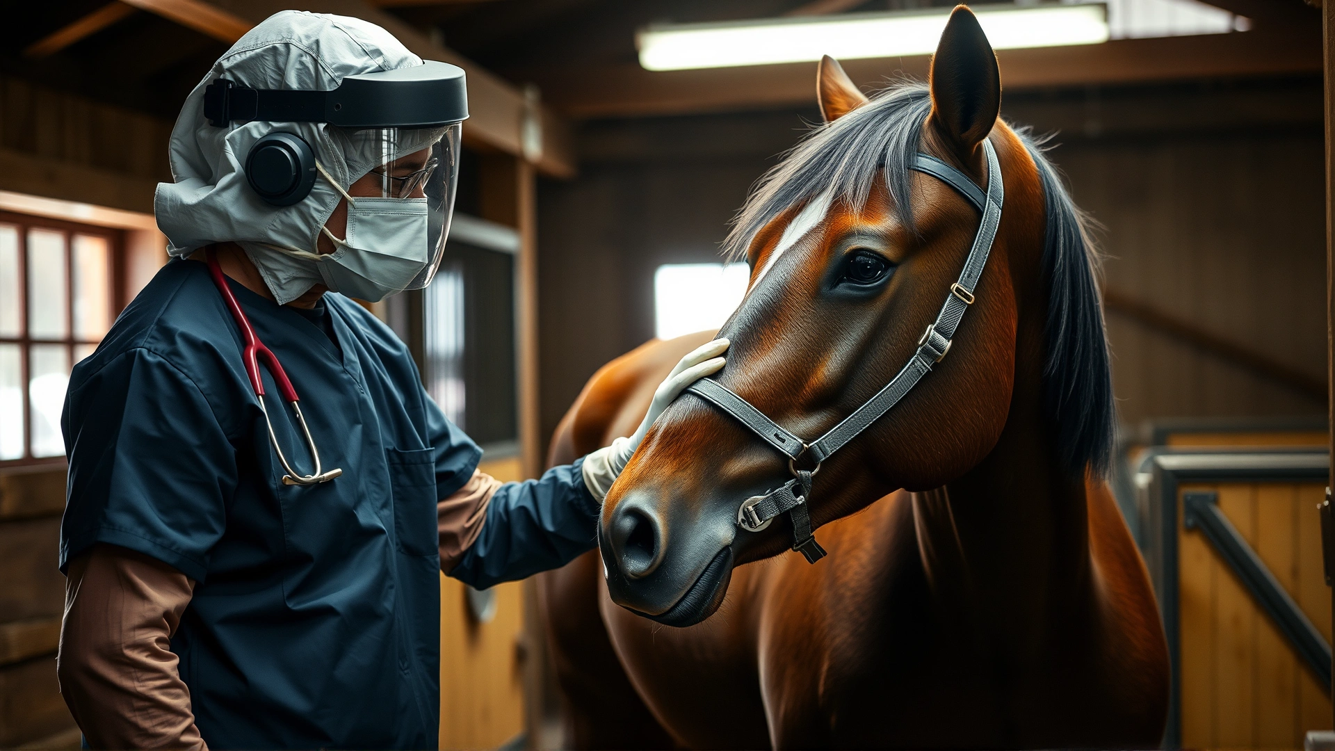 Wide-angle shot of a concerned veterinarian examining the abdomen of a bay foal in a sunlit barn.