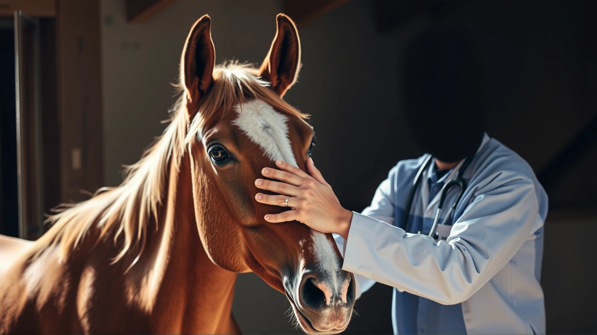 An empathetic veterinarian gently examining an older horse's head in a bright stable, conveying trust and medical care