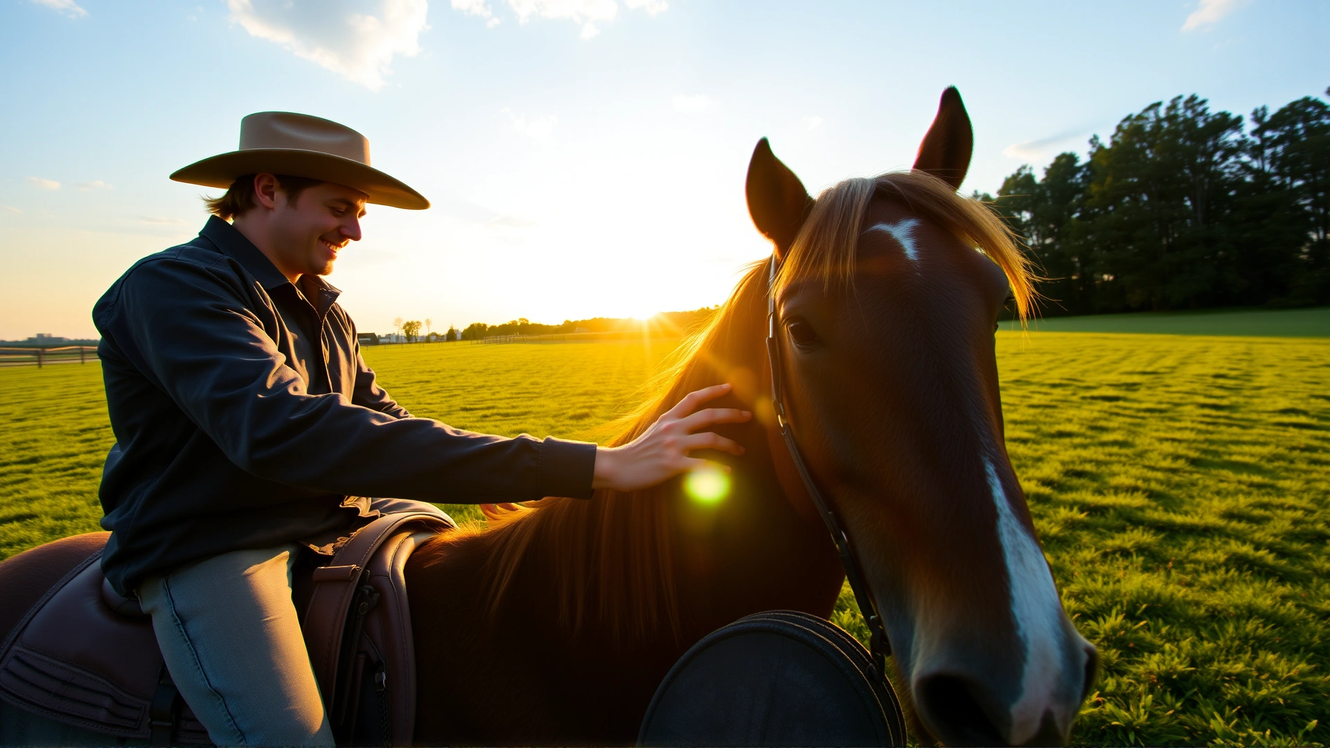 Wide-angle shot of a rider gently stroking a Quarter Horse’s neck in a green pasture at sunrise, conveying a hopeful and educational tone for the article