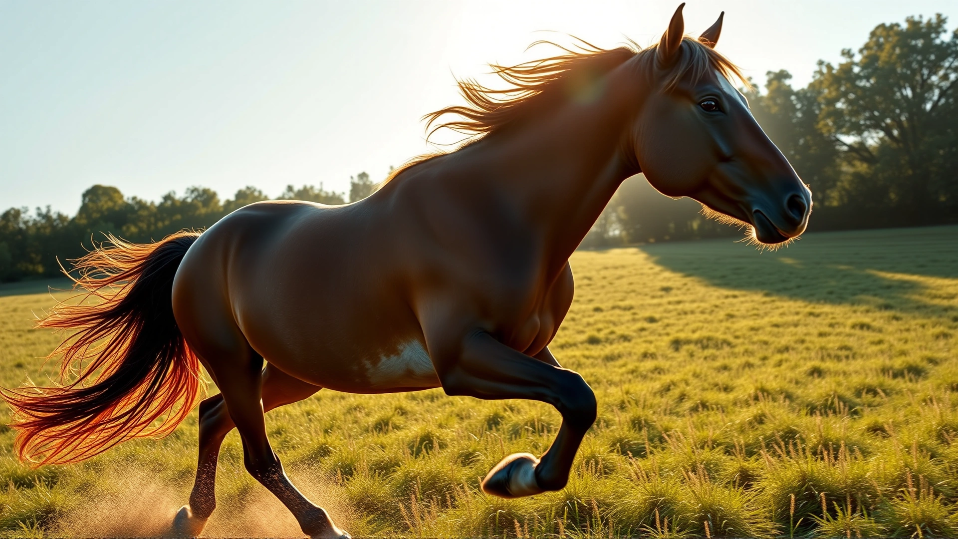 Wide-angle photo of a majestic horse galloping through a sunlit field, conveying energy and health before discussing disease.