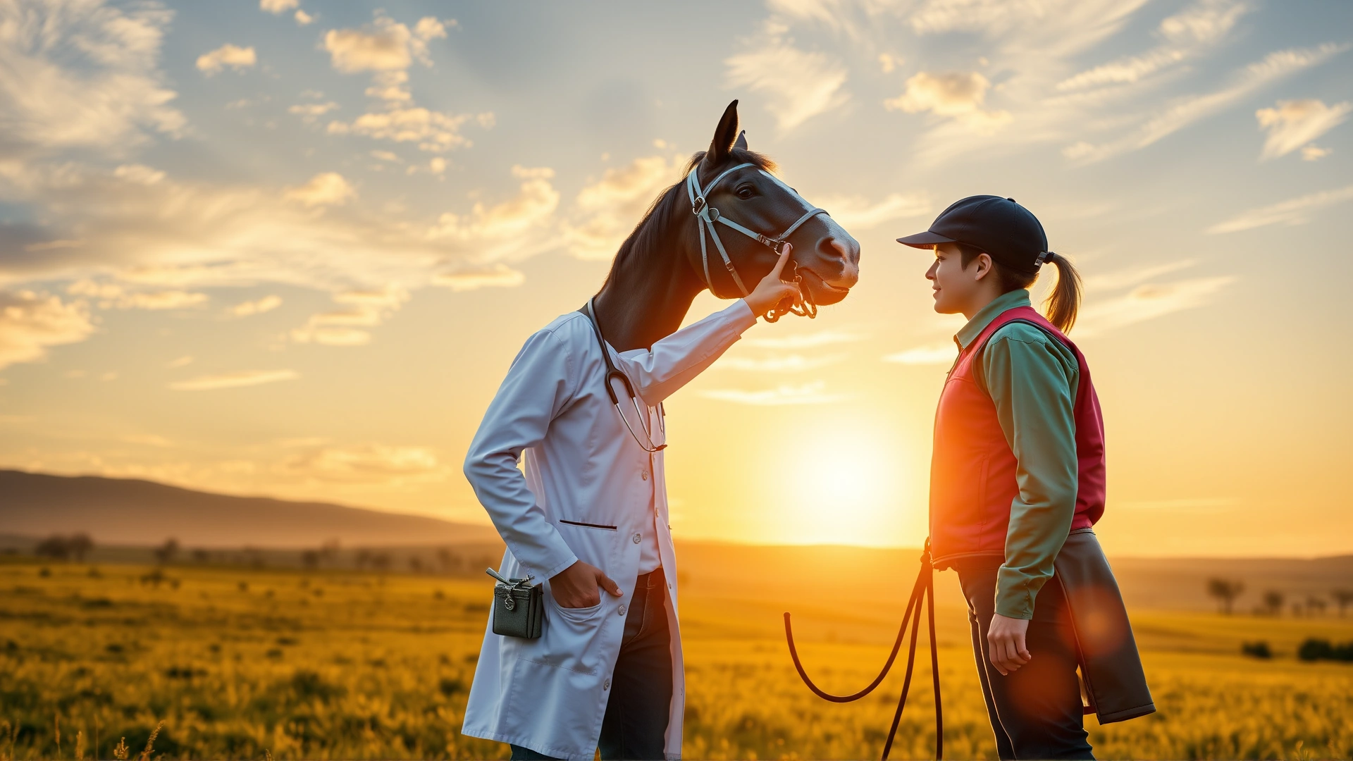 Wide landscape shot of a veterinarian and a young rider standing beside a horse during sunset, with the vet pointing towards the horse’s mouth, conveying partnership and care, no text