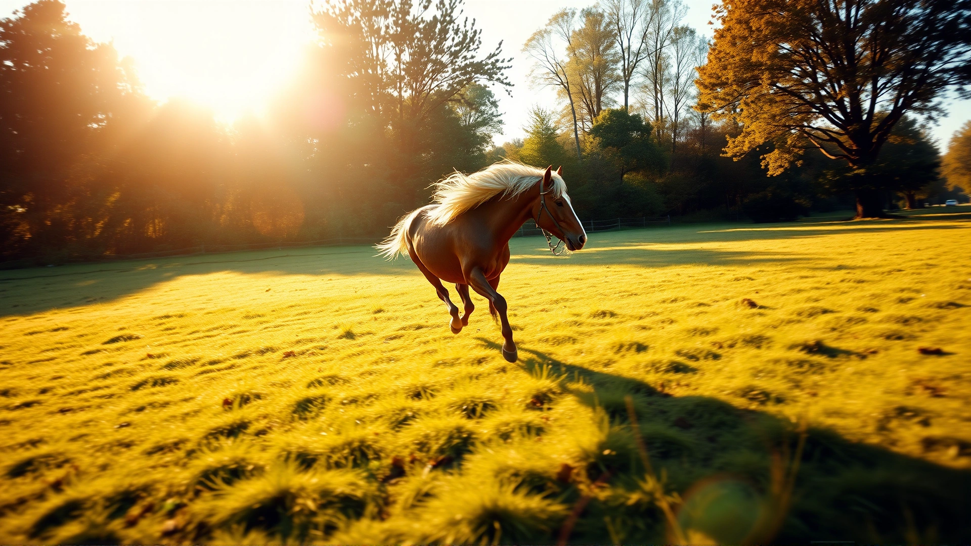 Wide-angle shot of a healthy horse running in a sunlit pasture, symbolizing vitality and wellbeing. Soft warm tones, early morning light, high resolution.