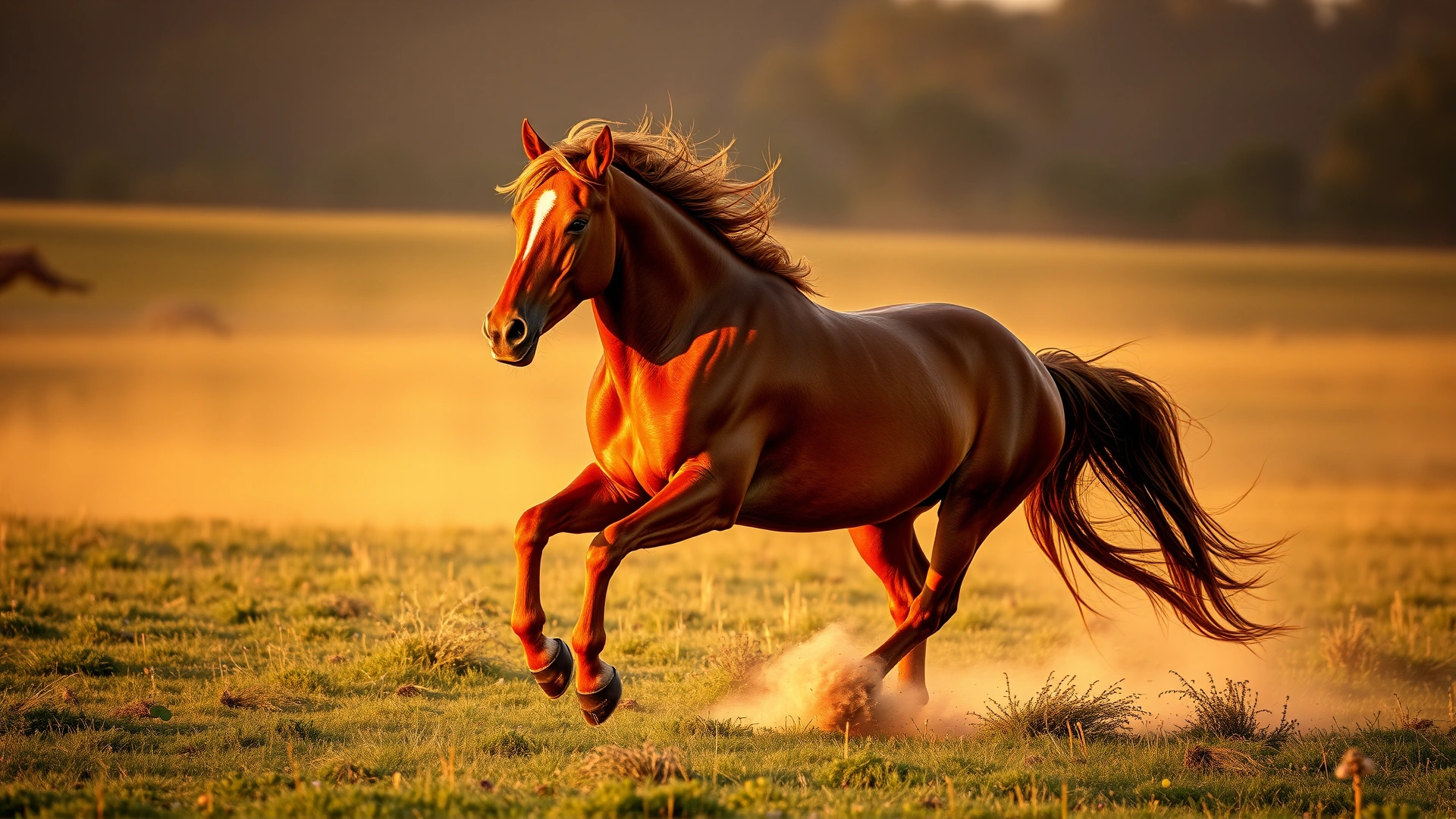 Majestic chestnut horse galloping through a sunlit pasture, dust kicking up behind, dramatic golden-hour lighting