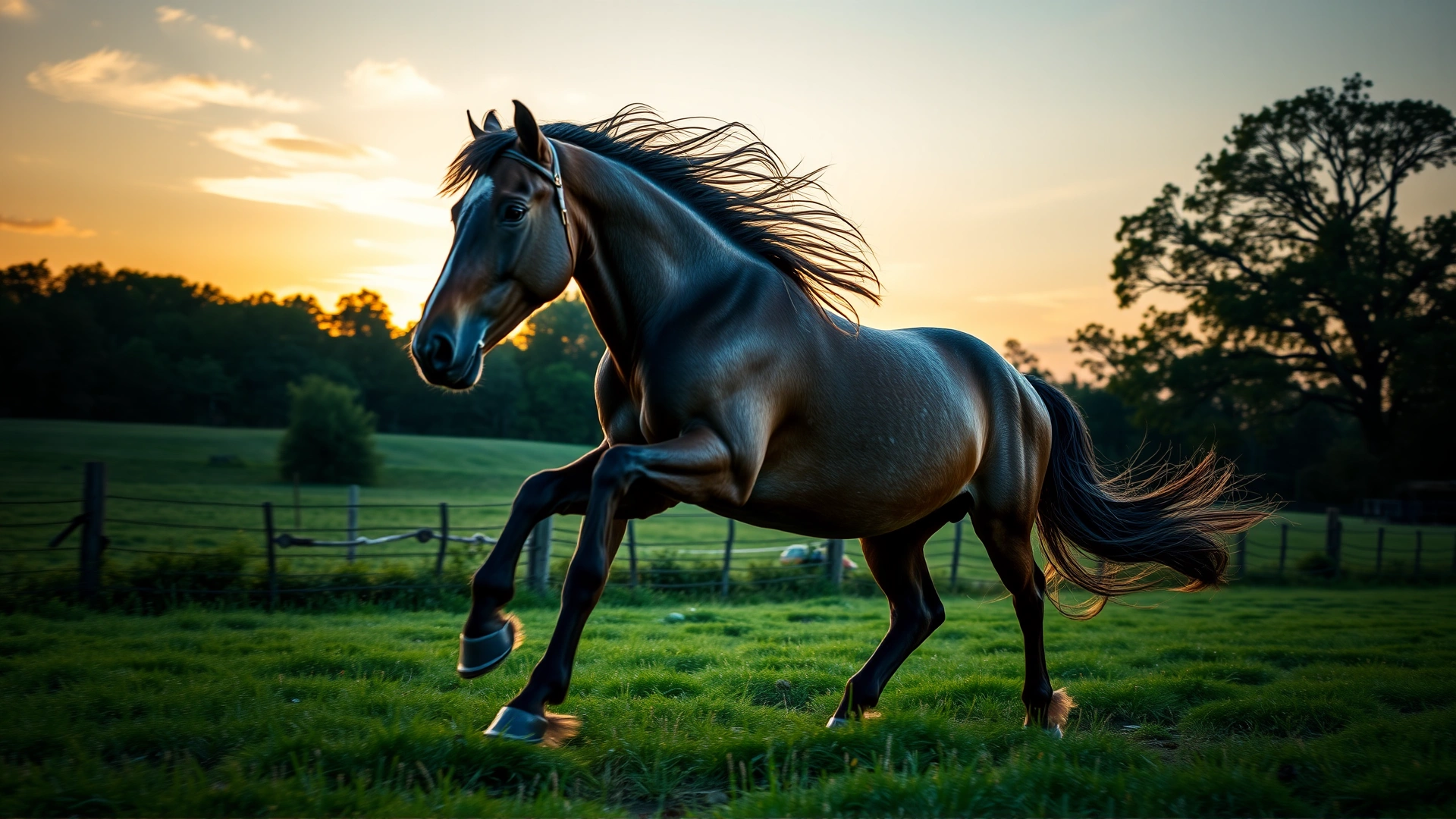 Wide-angle shot of a majestic horse galloping through a grassy paddock at sunset, legs in motion to illustrate natural equine athleticism.