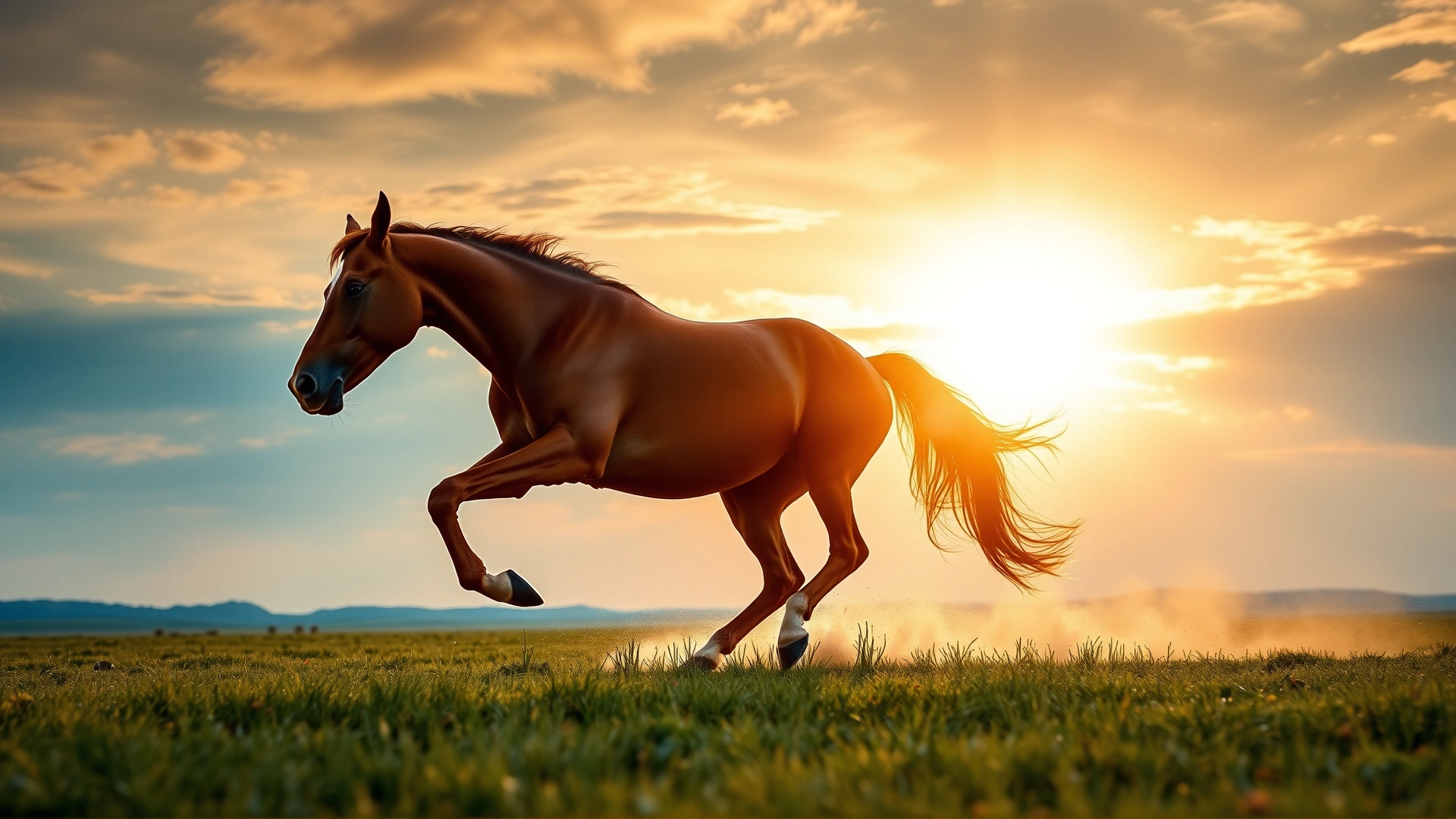 Wide-angle shot of a galloping horse across an open meadow at sunrise, dust trailing behind, capturing dynamic motion and energy; focus on the hind legs to hint at musculoskeletal theme.
