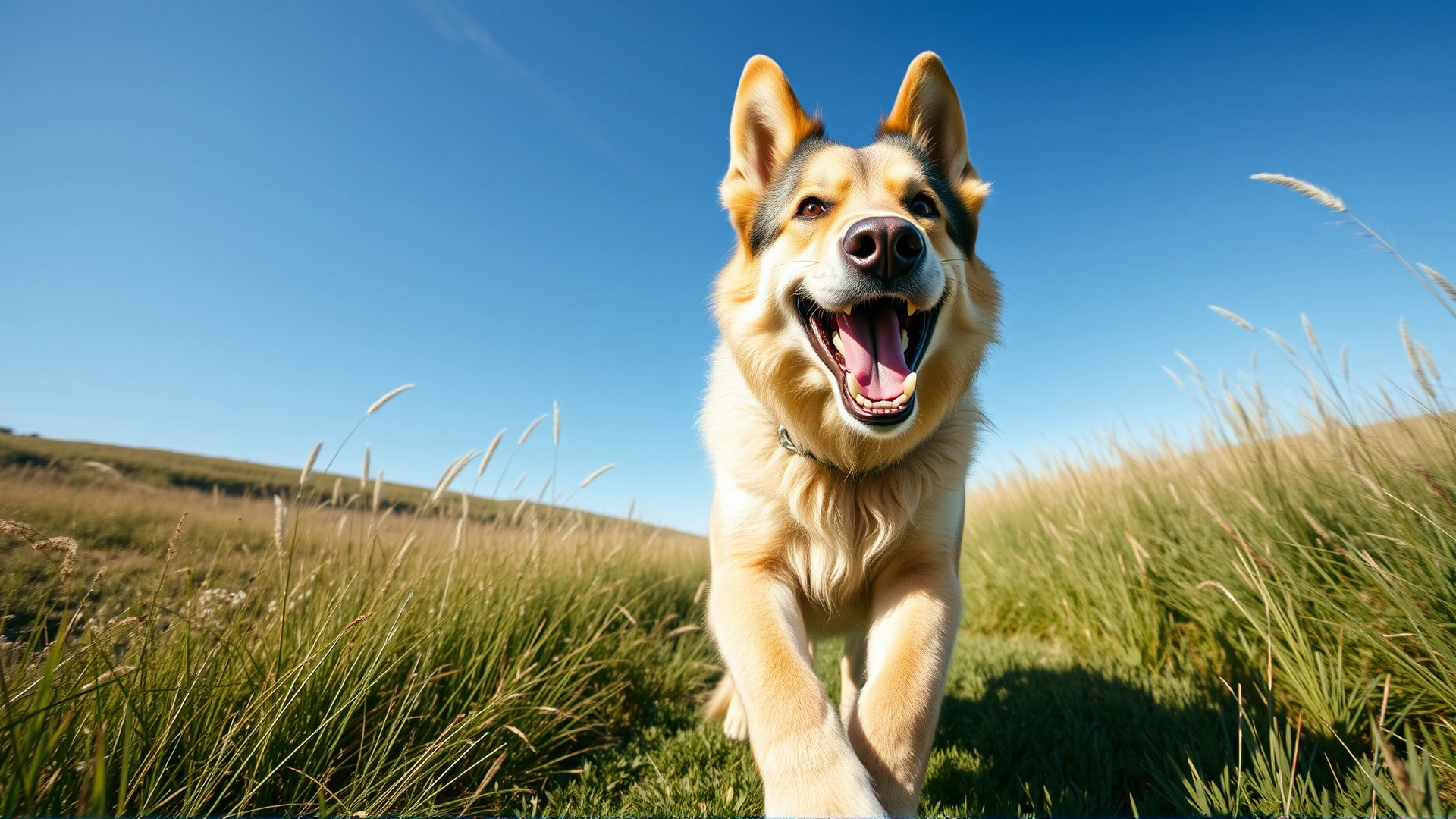 Wide-angle photo of a cheerful Sheprador running towards the camera through a grassy meadow under clear blue sky, capturing movement and energy.