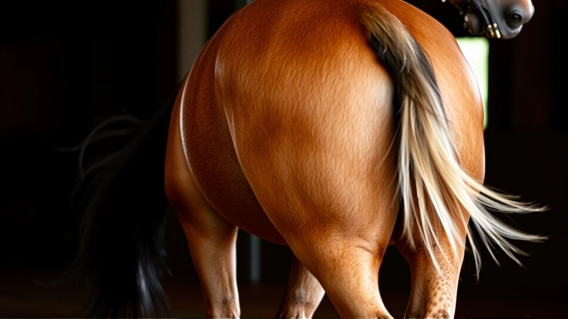 Close-up side view of a sport horse cantering, highlighting the hindquarters and hock region, vibrant stable background, no text